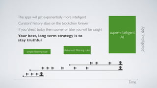 Time
simple ﬁltering rule
super-intelligent
AI
The apps will get exponentially more intelligent
Curators’ history stays on the blockchain forever
If you ‘cheat’ today then sooner or later you will be caught
Advanced ﬁltering rules
Your best, long term strategy is to
stay truthful
App‘intelligence’
 