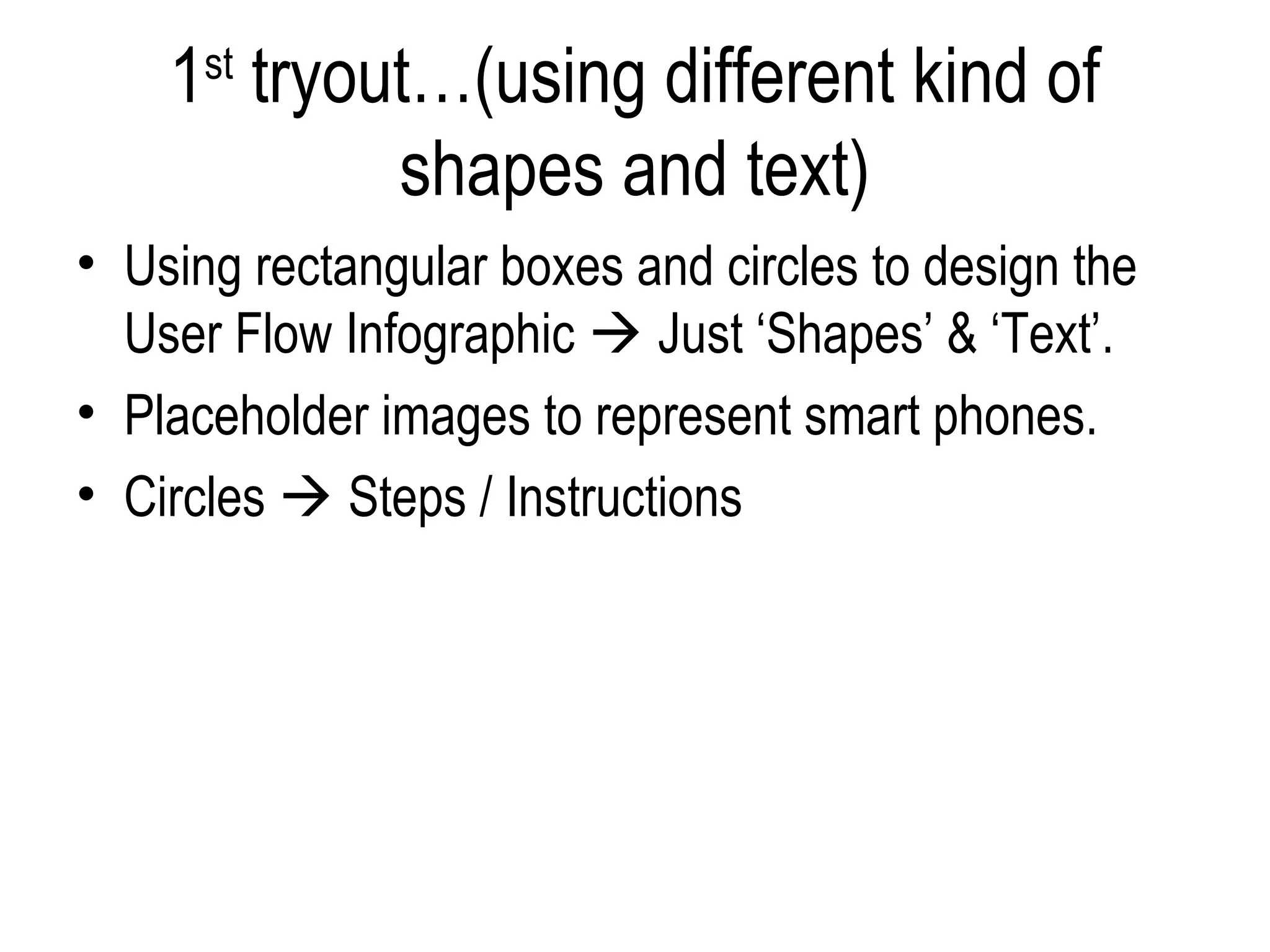 1st tryout…(using different kind of
             shapes and text)
• Using rectangular boxes and circles to design the
  User Flow Infographic  Just ‘Shapes’ & ‘Text’.
• Placeholder images to represent smart phones.
• Circles  Steps / Instructions
 