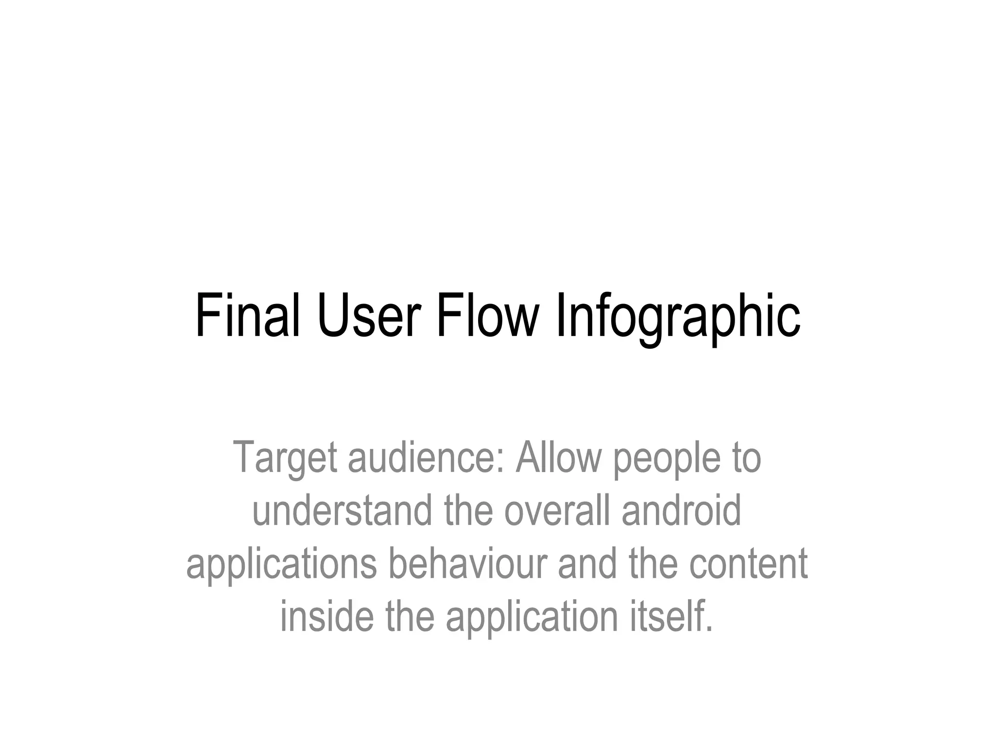 Final User Flow Infographic

  Target audience: Allow people to
    understand the overall android
applications behaviour and the content
      inside the application itself.
 