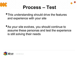 Process – Test
•This understanding should drive the features
and experience with your site
•As your site evolves, you should continue to
assume these personas and test the experience
is still solving their needs
 