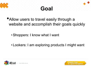 Goal
•Allow users to travel easily through a
website and accomplish their goals quickly
• Shoppers: I know what I want
• Lookers: I am exploring products I might want
 