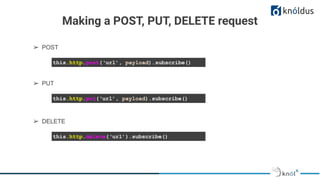 Making a POST, PUT, DELETE request
this.http.post(‘url’, payload).subscribe()
➢ POST
this.http.put(‘url’, payload).subscribe()
➢ PUT
this.http.delete(‘url’).subscribe()
➢ DELETE
 