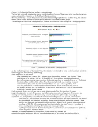 Category 3 - Evaluation of the final product - elearning courses
The final task proposed – an elearning course - was designed only by one of the groups. At the end, the other groups
made a quite positive evaluation on the final face to face presentation.
However, and having a look to the quiz answers, as the experimental group had access to all the blogs, it is not clear
that the content used in the courses contains pieces of material collected by all three groups.
The other aspects – objectives, learning strategies, contents, activities were rated mainly with a strongly agree level.




                                Figure 5 - Evaluation of the final product - elearning courses

As the evaluation process of Curricular Unit, the students were invited to write a short comment about the
methodology used in this learning methodology.
Some samples can be seen below.
          I am tremendous sure I can say that," although along the way have not seen, I was walking” "Some
          time ago one of my teachers told me: "In the middle of a forest, all trees are equal and we do not
          know where to go, you need to get away from the forest to see where we are and where we go " Well, that's
          how I saw all the modules of this subject. I was doing task after task, and everything looked the
          same and more of the same. The truth is that I look back and say: I can do a portfolio, I can
          do a site; participate in a community know operational work (maybe even create one) know to
          use the LMS or blogs, and it all seemed like for half a year. It was necessary a task of self-assessment
          to see what I learned. Nelson Almeida
I believe that the themes were relevant and serve the objectives underlying their teaching. To engage
in a privileged position in which the autonomy and collaborative construction of responses, the processes of e-
learning were actually experienced. By appreciating research, integration of knowledge, encouraging
cooperation and development of basic skills, the instructional teaching model was rejected. Antonio Gomes
             Particularly as I am concerned, and taking into account that I started this subject unfamiliar with most of
             the content taught and associated vocabulary, having never participated in elearning training, I think
             has been very important and beneficial collaborative work achieved in the group to build new practical
             knowledge of ICT. The following themes and activities, including sharing of research / knowledge in
             forums and blogs then submitting their abstracts to classes, provided a
             useful experience to promote desirable learning "socio-constructivist” advocated by founder of Moodle,
             Martin Dougiamas. Elisabete Martins
Sometimes, a learning opportunity is not only valid for the content they transmit, but
especially by causing restlessness. Much of what was said was not for me, nothing new- I always liked to


                                                                                                                      5
 