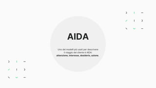 AIDA
Uno dei modelli più usati per descrivere
il viaggio del cliente è AIDA:
attenzione, interesse, desiderio, azione.
 