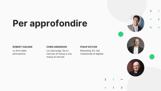 Per approfondire
ROBERT CIALDINI
Le Armi della
persuasione
CHRIS ANDERSON
La coda lunga. Da un
mercato di massa a una
massa di mercati
PHILIP KOTLER
Marketing 4.0. Dal
tradizionale al digitale
 
