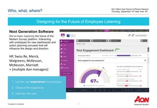 Proprietary & Confidential 1
Who, what, where?
Next Generation Software
We’ve been exploring the future of the
Modern Survey platform. Interacting
with prototypes for new dashboards and
action planning concepts that will
influence the design and direction.
Designing for the Future of Employee Listening
HP, Swiss Re, Merck,
Walgreens, McKesson,
McKesson, Marriott
+ (multiple Aon managers)
Aon Client User Group In-Person Session
Thursday, September 14th New York, NY
 