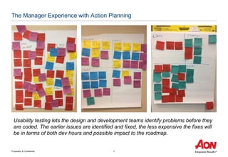 Proprietary & Confidential 4
The Manager Experience with Action Planning
Usability testing lets the design and development teams identify problems before they
are coded. The earlier issues are identified and fixed, the less expensive the fixes will
be in terms of both dev hours and possible impact to the roadmap.
 