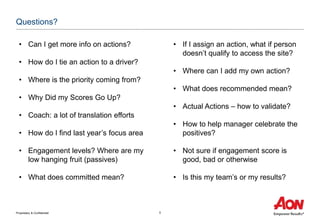 Proprietary & Confidential 8
Questions?
• Can I get more info on actions?
• How do I tie an action to a driver?
• Where is the priority coming from?
• Why Did my Scores Go Up?
• Coach: a lot of translation efforts
• How do I find last year’s focus area
• Engagement levels? Where are my
low hanging fruit (passives)
• What does committed mean?
• If I assign an action, what if person
doesn’t qualify to access the site?
• Where can I add my own action?
• What does recommended mean?
• Actual Actions – how to validate?
• How to help manager celebrate the
positives?
• Not sure if engagement score is
good, bad or otherwise
• Is this my team’s or my results?
 