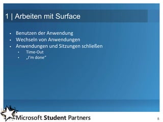 1 | Arbeiten mit Surface

    Benutzen der Anwendung
    Wechseln von Anwendungen
    Anwendungen und Sitzungen schließen
     •   Time-Out
     •   „I‘m done“




                                           8
 