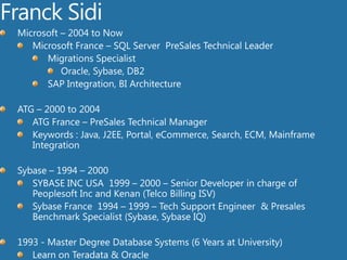 Franck SidiMicrosoft – 2004 to NowMicrosoft France – SQL Server PreSales Technical LeaderMigrations SpecialistOracle, Sybase, DB2SAP Integration, BI ArchitectureATG – 2000 to 2004ATG France – PreSales Technical ManagerKeywords : Java, J2EE, Portal, eCommerce, Search, ECM, Mainframe IntegrationSybase – 1994 – 2000 SYBASE INC USA  1999 – 2000 – Senior Developer in charge of PeoplesoftInc and Kenan (Telco Billing ISV)Sybase France  1994 – 1999 – Tech Support Engineer  & Presales Benchmark Specialist (Sybase, Sybase IQ)1993 - Master Degree Database Systems (6 Years at University)Learn on Teradata & Oracle