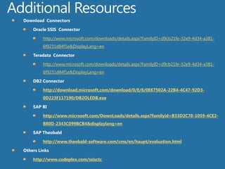 Requirements	Oracle client software version 10.x or 11.x, on the computer with SSIS. Use 32-bit client on 32 bit platforms, 64-bit on 64-bit platformIf using a 64-bit platforms as a designer client  (i.e.; using BIDS) both 64 and 32-bit clients should be installed.SQL Server 2008  - Enterprise or Developer EditionWindows 2003,2008