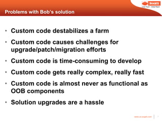 Local Touch – Global Reach



Problems with Bob’s solution


• Custom code destabilizes a farm
• Custom code causes challenges for
  upgrade/patch/migration efforts
• Custom code is time-consuming to develop
• Custom code gets really complex, really fast
• Custom code is almost never as functional as
  OOB components
• Solution upgrades are a hassle

                                          www.us.sogeti.com            7
 