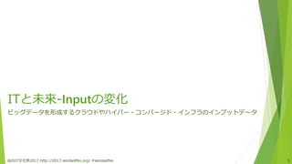 ITと未来-Inputの変化
ビッグデータを形成するクラウドやハイパー・コンバージド・インフラのインプットデータ
仙台IT文化祭2017 http://2017.sendaiitfes.org/ #sendaiitfes 5
 