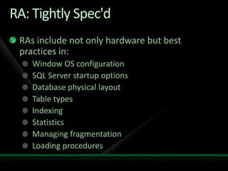 RA: Tightly Spec'd
 RAs include not only hardware but best
 practices in:
    Window OS configuration
    SQL Server startup options
    Database physical layout
    Table types
    Indexing
    Statistics
    Managing fragmentation
    Loading procedures
 