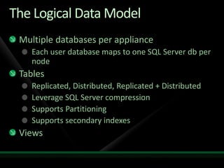 The Logical Data Model
 Multiple databases per appliance
    Each user database maps to one SQL Server db per
    node
 Tables
    Replicated, Distributed, Replicated + Distributed
    Leverage SQL Server compression
    Supports Partitioning
    Supports secondary indexes
 Views
 