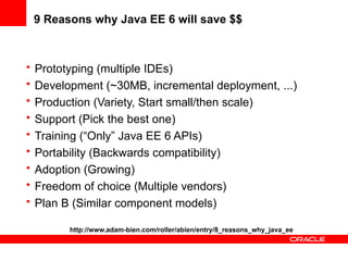 9 Reasons why Java EE 6 will save $$



•   Prototyping (multiple IDEs)
•   Development (~30MB, incremental deployment, ...)
•   Production (Variety, Start small/then scale)
•   Support (Pick the best one)
•   Training (“Only” Java EE 6 APIs)
•   Portability (Backwards compatibility)
•   Adoption (Growing)
•   Freedom of choice (Multiple vendors)
•   Plan B (Similar component models)

          http://www.adam-bien.com/roller/abien/entry/8_reasons_why_java_ee
 