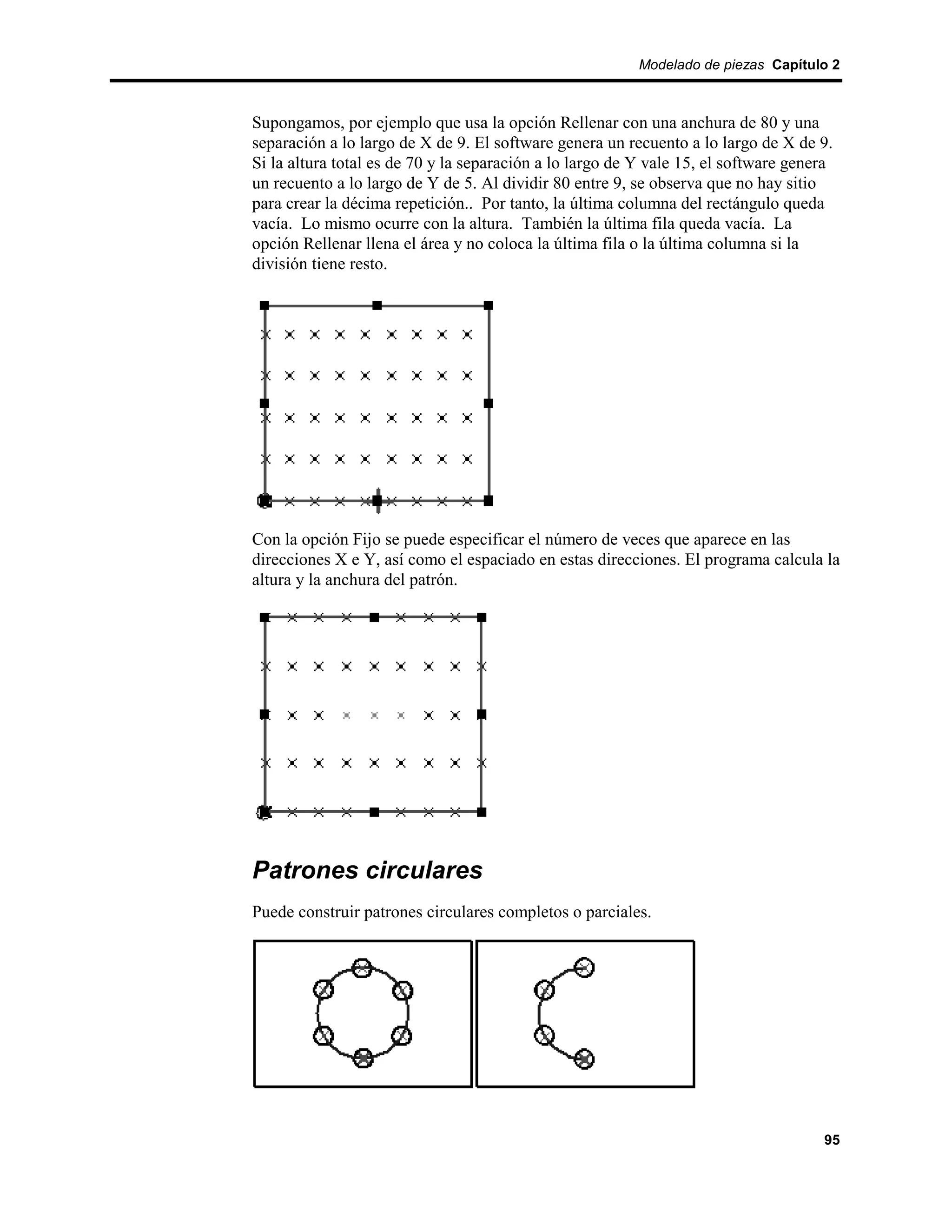 Modelado de piezas Capítulo 2



Supongamos, por ejemplo que usa la opción Rellenar con una anchura de 80 y una
separación a lo largo de X de 9. El software genera un recuento a lo largo de X de 9.
Si la altura total es de 70 y la separación a lo largo de Y vale 15, el software genera
un recuento a lo largo de Y de 5. Al dividir 80 entre 9, se observa que no hay sitio
para crear la décima repetición.. Por tanto, la última columna del rectángulo queda
vacía. Lo mismo ocurre con la altura. También la última fila queda vacía. La
opción Rellenar llena el área y no coloca la última fila o la última columna si la
división tiene resto.




Con la opción Fijo se puede especificar el número de veces que aparece en las
direcciones X e Y, así como el espaciado en estas direcciones. El programa calcula la
altura y la anchura del patrón.




Patrones circulares
Puede construir patrones circulares completos o parciales.




                                                                                     95
 