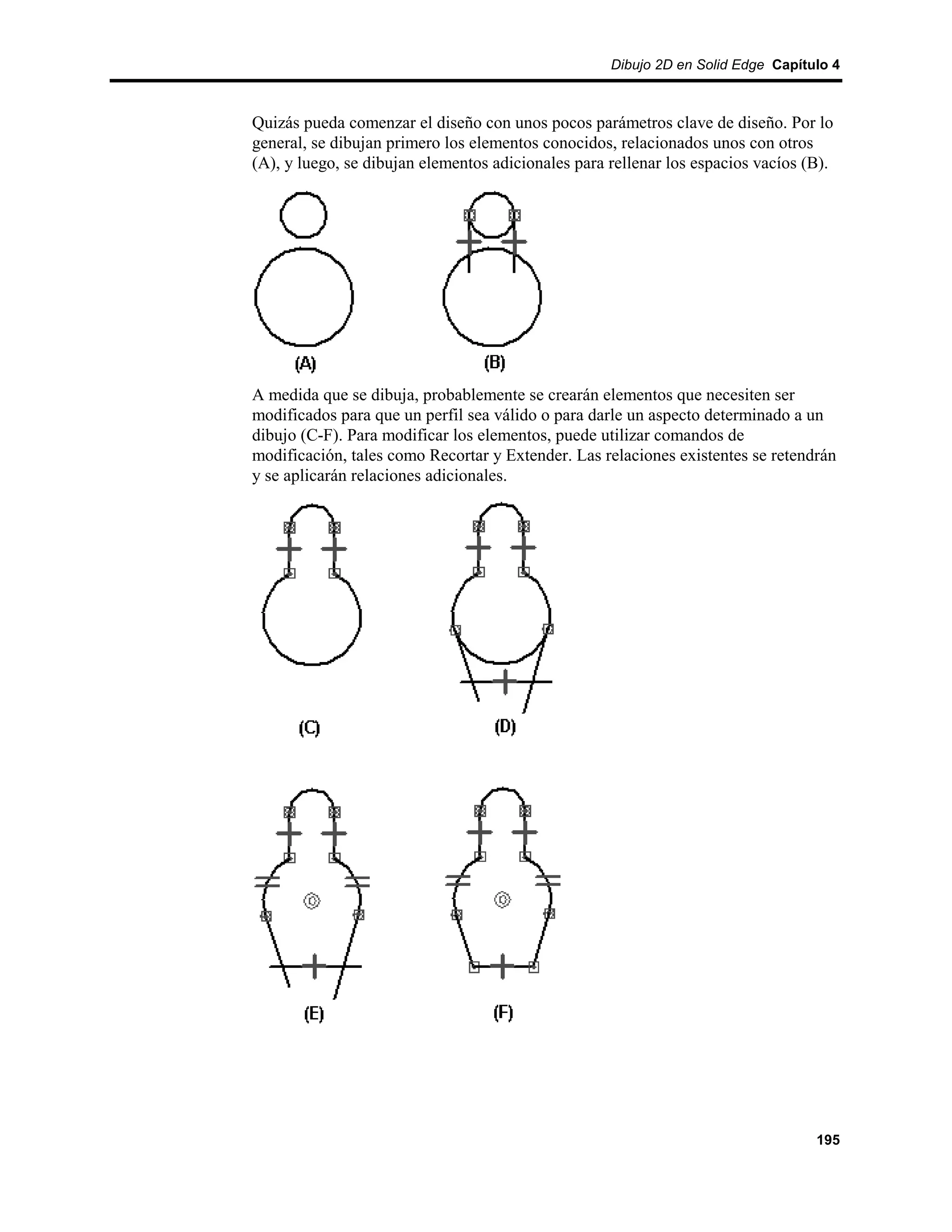 Dibujo 2D en Solid Edge Capítulo 4



Quizás pueda comenzar el diseño con unos pocos parámetros clave de diseño. Por lo
general, se dibujan primero los elementos conocidos, relacionados unos con otros
(A), y luego, se dibujan elementos adicionales para rellenar los espacios vacíos (B).




A medida que se dibuja, probablemente se crearán elementos que necesiten ser
modificados para que un perfil sea válido o para darle un aspecto determinado a un
dibujo (C-F). Para modificar los elementos, puede utilizar comandos de
modificación, tales como Recortar y Extender. Las relaciones existentes se retendrán
y se aplicarán relaciones adicionales.




                                                                                  195
 