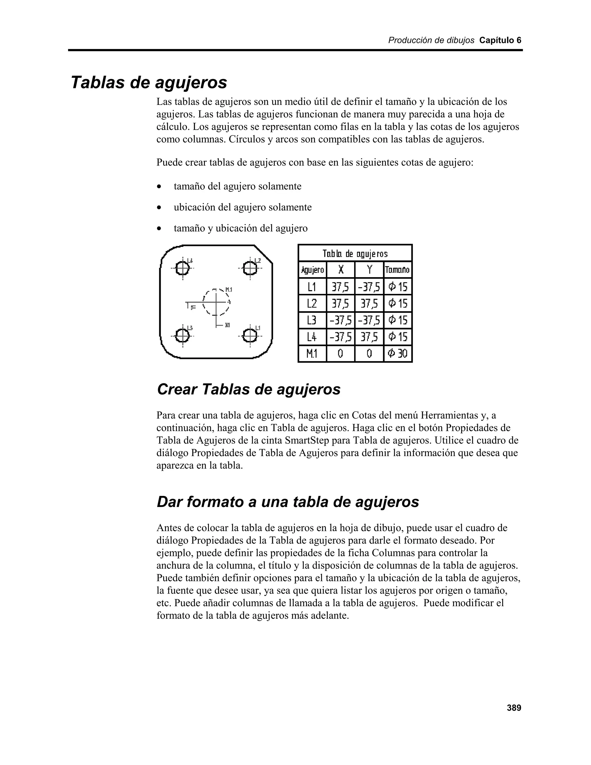 Producción de dibujos Capítulo 6




Tablas de agujeros
         Las tablas de agujeros son un medio útil de definir el tamaño y la ubicación de los
         agujeros. Las tablas de agujeros funcionan de manera muy parecida a una hoja de
         cálculo. Los agujeros se representan como filas en la tabla y las cotas de los agujeros
         como columnas. Círculos y arcos son compatibles con las tablas de agujeros.

         Puede crear tablas de agujeros con base en las siguientes cotas de agujero:

         •   tamaño del agujero solamente
         •   ubicación del agujero solamente
         •   tamaño y ubicación del agujero




         Crear Tablas de agujeros
         Para crear una tabla de agujeros, haga clic en Cotas del menú Herramientas y, a
         continuación, haga clic en Tabla de agujeros. Haga clic en el botón Propiedades de
         Tabla de Agujeros de la cinta SmartStep para Tabla de agujeros. Utilice el cuadro de
         diálogo Propiedades de Tabla de Agujeros para definir la información que desea que
         aparezca en la tabla.


         Dar formato a una tabla de agujeros
         Antes de colocar la tabla de agujeros en la hoja de dibujo, puede usar el cuadro de
         diálogo Propiedades de la Tabla de agujeros para darle el formato deseado. Por
         ejemplo, puede definir las propiedades de la ficha Columnas para controlar la
         anchura de la columna, el título y la disposición de columnas de la tabla de agujeros.
         Puede también definir opciones para el tamaño y la ubicación de la tabla de agujeros,
         la fuente que desee usar, ya sea que quiera listar los agujeros por origen o tamaño,
         etc. Puede añadir columnas de llamada a la tabla de agujeros. Puede modificar el
         formato de la tabla de agujeros más adelante.




                                                                                             389
 