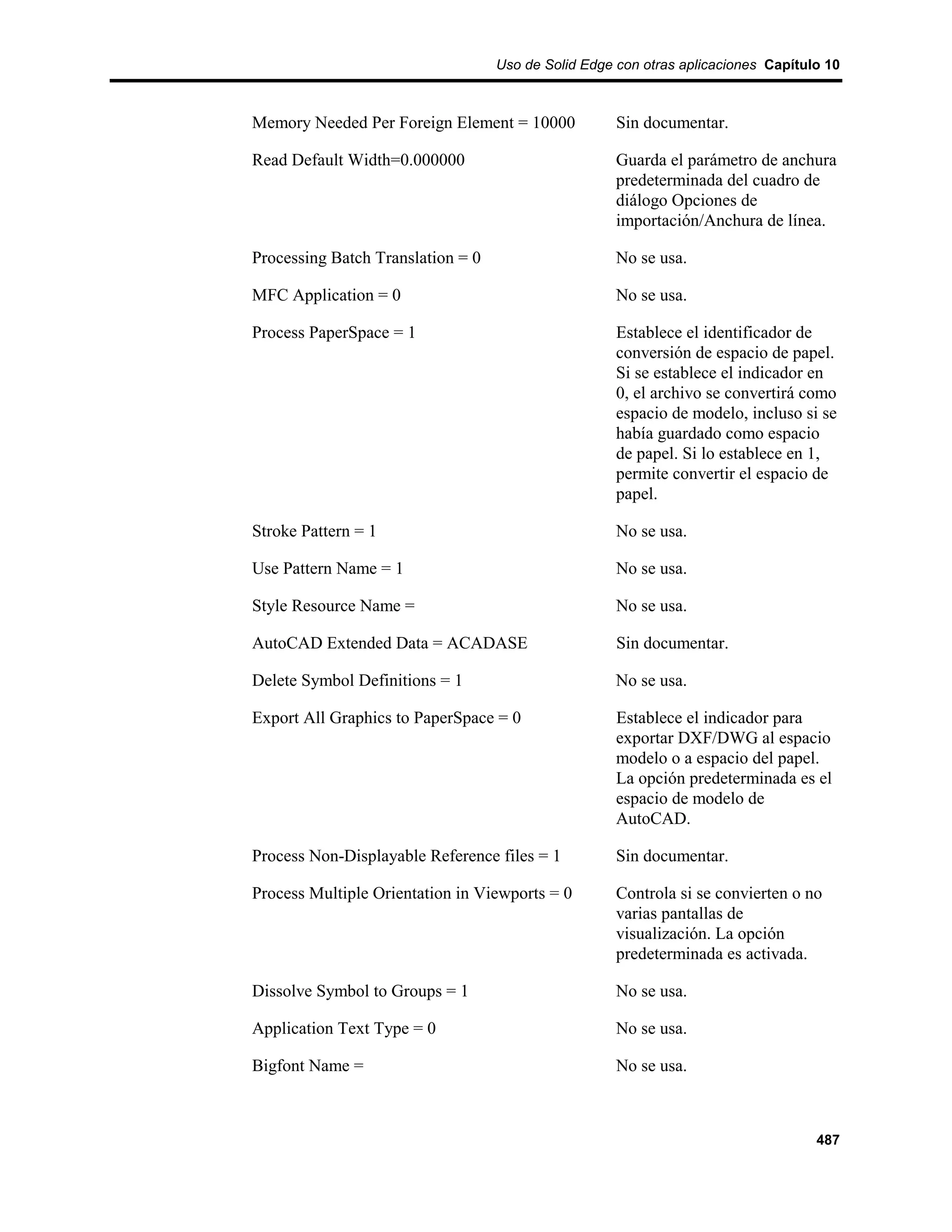 Uso de Solid Edge con otras aplicaciones Capítulo 10



Memory Needed Per Foreign Element = 10000            Sin documentar.

Read Default Width=0.000000                          Guarda el parámetro de anchura
                                                     predeterminada del cuadro de
                                                     diálogo Opciones de
                                                     importación/Anchura de línea.

Processing Batch Translation = 0                     No se usa.

MFC Application = 0                                  No se usa.

Process PaperSpace = 1                               Establece el identificador de
                                                     conversión de espacio de papel.
                                                     Si se establece el indicador en
                                                     0, el archivo se convertirá como
                                                     espacio de modelo, incluso si se
                                                     había guardado como espacio
                                                     de papel. Si lo establece en 1,
                                                     permite convertir el espacio de
                                                     papel.

Stroke Pattern = 1                                   No se usa.

Use Pattern Name = 1                                 No se usa.

Style Resource Name =                                No se usa.

AutoCAD Extended Data = ACADASE                      Sin documentar.

Delete Symbol Definitions = 1                        No se usa.

Export All Graphics to PaperSpace = 0                Establece el indicador para
                                                     exportar DXF/DWG al espacio
                                                     modelo o a espacio del papel.
                                                     La opción predeterminada es el
                                                     espacio de modelo de
                                                     AutoCAD.

Process Non-Displayable Reference files = 1          Sin documentar.

Process Multiple Orientation in Viewports = 0        Controla si se convierten o no
                                                     varias pantallas de
                                                     visualización. La opción
                                                     predeterminada es activada.

Dissolve Symbol to Groups = 1                        No se usa.

Application Text Type = 0                            No se usa.

Bigfont Name =                                       No se usa.



                                                                                   487
 