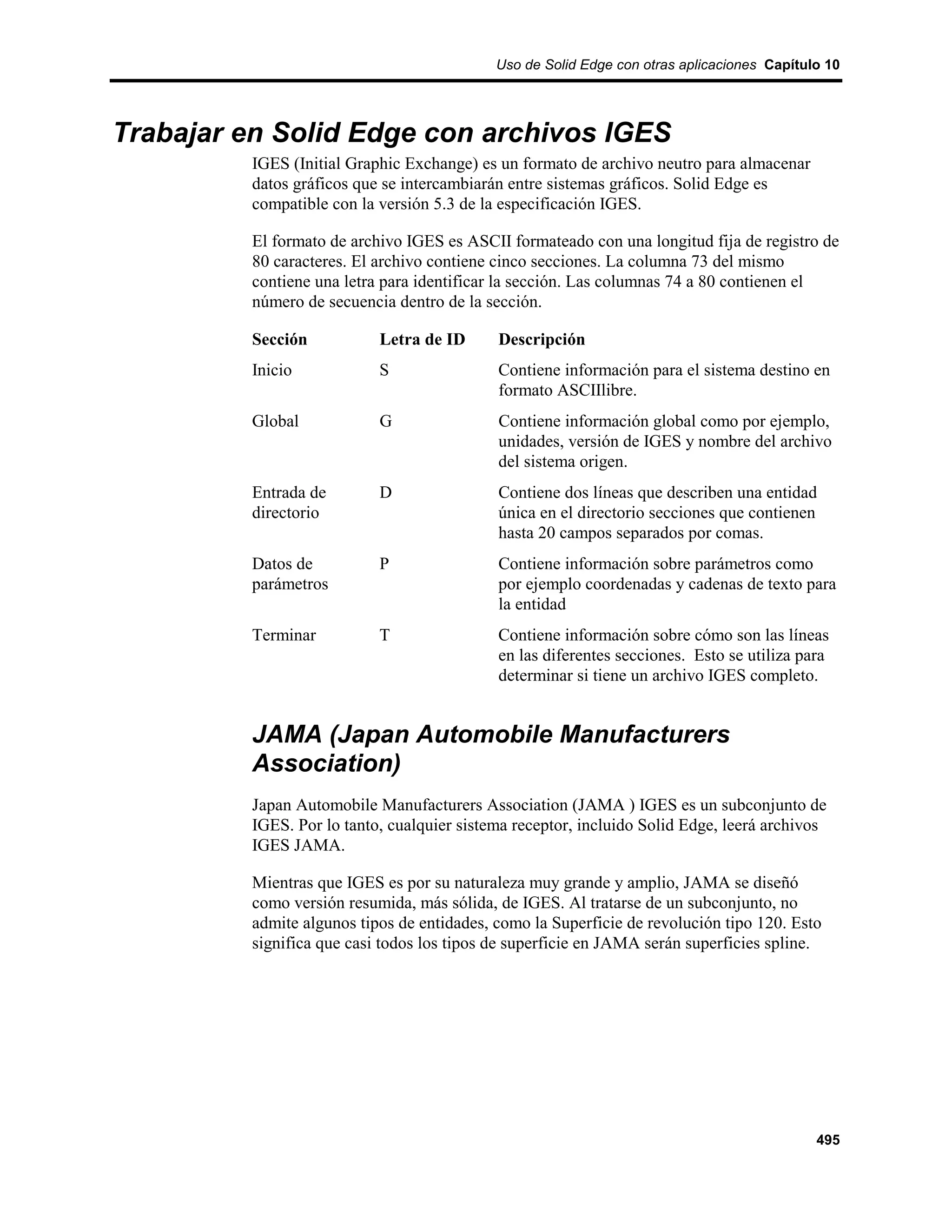 Uso de Solid Edge con otras aplicaciones Capítulo 10




Trabajar en Solid Edge con archivos IGES
          IGES (Initial Graphic Exchange) es un formato de archivo neutro para almacenar
          datos gráficos que se intercambiarán entre sistemas gráficos. Solid Edge es
          compatible con la versión 5.3 de la especificación IGES.

          El formato de archivo IGES es ASCII formateado con una longitud fija de registro de
          80 caracteres. El archivo contiene cinco secciones. La columna 73 del mismo
          contiene una letra para identificar la sección. Las columnas 74 a 80 contienen el
          número de secuencia dentro de la sección.

          Sección           Letra de ID      Descripción
          Inicio            S                Contiene información para el sistema destino en
                                             formato ASCIIlibre.
          Global            G                Contiene información global como por ejemplo,
                                             unidades, versión de IGES y nombre del archivo
                                             del sistema origen.
          Entrada de        D                Contiene dos líneas que describen una entidad
          directorio                         única en el directorio secciones que contienen
                                             hasta 20 campos separados por comas.
          Datos de          P                Contiene información sobre parámetros como
          parámetros                         por ejemplo coordenadas y cadenas de texto para
                                             la entidad
          Terminar          T                Contiene información sobre cómo son las líneas
                                             en las diferentes secciones. Esto se utiliza para
                                             determinar si tiene un archivo IGES completo.


          JAMA (Japan Automobile Manufacturers
          Association)
          Japan Automobile Manufacturers Association (JAMA ) IGES es un subconjunto de
          IGES. Por lo tanto, cualquier sistema receptor, incluido Solid Edge, leerá archivos
          IGES JAMA.

          Mientras que IGES es por su naturaleza muy grande y amplio, JAMA se diseñó
          como versión resumida, más sólida, de IGES. Al tratarse de un subconjunto, no
          admite algunos tipos de entidades, como la Superficie de revolución tipo 120. Esto
          significa que casi todos los tipos de superficie en JAMA serán superficies spline.




                                                                                             495
 