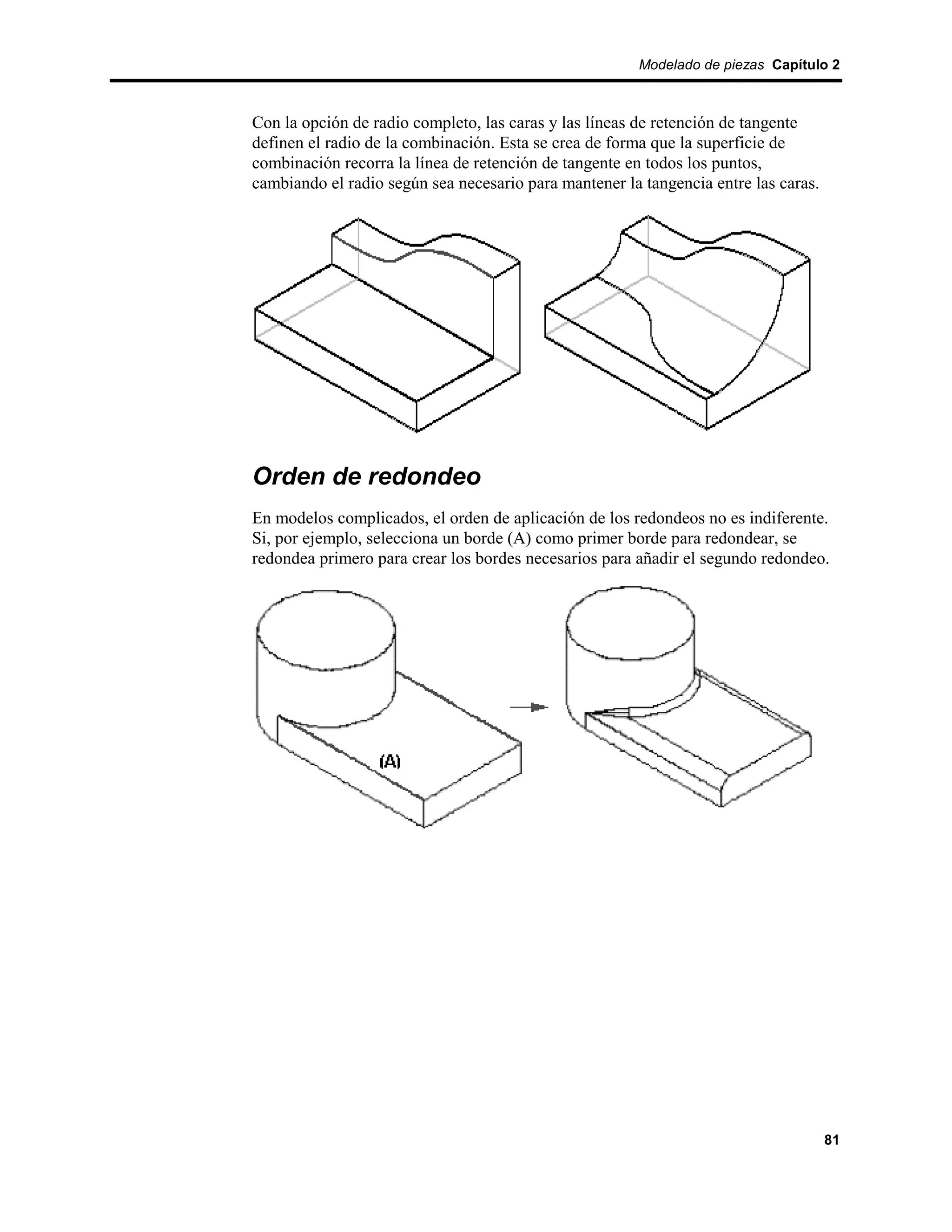 Modelado de piezas Capítulo 2



Con la opción de radio completo, las caras y las líneas de retención de tangente
definen el radio de la combinación. Esta se crea de forma que la superficie de
combinación recorra la línea de retención de tangente en todos los puntos,
cambiando el radio según sea necesario para mantener la tangencia entre las caras.




Orden de redondeo
En modelos complicados, el orden de aplicación de los redondeos no es indiferente.
Si, por ejemplo, selecciona un borde (A) como primer borde para redondear, se
redondea primero para crear los bordes necesarios para añadir el segundo redondeo.




                                                                                     81
 