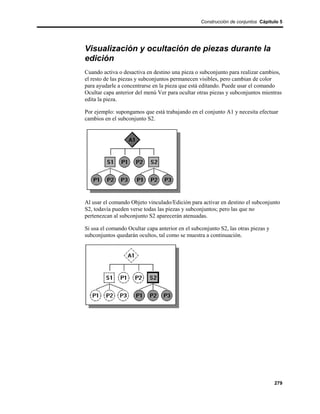 Construcción de conjuntos Cápitulo 5




Visualización y ocultación de piezas durante la
edición
Cuando activa o desactiva en destino una pieza o subconjunto para realizar cambios,
el resto de las piezas y subconjuntos permanecen visibles, pero cambian de color
para ayudarle a concentrarse en la pieza que está editando. Puede usar el comando
Ocultar capa anterior del menú Ver para ocultar otras piezas y subconjuntos mientras
edita la pieza.

Por ejemplo: supongamos que está trabajando en el conjunto A1 y necesita efectuar
cambios en el subconjunto S2.




Al usar el comando Objeto vinculado/Edición para activar en destino el subconjunto
S2, todavía pueden verse todas las piezas y subconjuntos; pero las que no
pertenezcan al subconjunto S2 aparecerán atenuadas.

Si usa el comando Ocultar capa anterior en el subconjunto S2, las otras piezas y
subconjuntos quedarán ocultos, tal como se muestra a continuación.




                                                                                   279
 