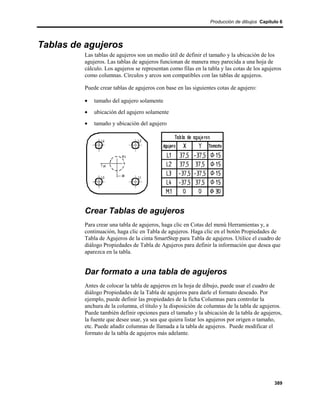 Producción de dibujos Capítulo 6




Tablas de agujeros
         Las tablas de agujeros son un medio útil de definir el tamaño y la ubicación de los
         agujeros. Las tablas de agujeros funcionan de manera muy parecida a una hoja de
         cálculo. Los agujeros se representan como filas en la tabla y las cotas de los agujeros
         como columnas. Círculos y arcos son compatibles con las tablas de agujeros.

         Puede crear tablas de agujeros con base en las siguientes cotas de agujero:

         •   tamaño del agujero solamente
         •   ubicación del agujero solamente
         •   tamaño y ubicación del agujero




         Crear Tablas de agujeros
         Para crear una tabla de agujeros, haga clic en Cotas del menú Herramientas y, a
         continuación, haga clic en Tabla de agujeros. Haga clic en el botón Propiedades de
         Tabla de Agujeros de la cinta SmartStep para Tabla de agujeros. Utilice el cuadro de
         diálogo Propiedades de Tabla de Agujeros para definir la información que desea que
         aparezca en la tabla.


         Dar formato a una tabla de agujeros
         Antes de colocar la tabla de agujeros en la hoja de dibujo, puede usar el cuadro de
         diálogo Propiedades de la Tabla de agujeros para darle el formato deseado. Por
         ejemplo, puede definir las propiedades de la ficha Columnas para controlar la
         anchura de la columna, el título y la disposición de columnas de la tabla de agujeros.
         Puede también definir opciones para el tamaño y la ubicación de la tabla de agujeros,
         la fuente que desee usar, ya sea que quiera listar los agujeros por origen o tamaño,
         etc. Puede añadir columnas de llamada a la tabla de agujeros. Puede modificar el
         formato de la tabla de agujeros más adelante.




                                                                                             389
 