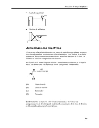 Producción de dibujos Capítulo 6



•     Acabado superficial




•     Símbolo de soldadura




Anotaciones con directrices
Al crear una referencia de elementos, un marco de control de operaciones, un marco
de referencia absoluta, un objetivo de referencia absoluta, o un símbolo de acabado
superficial, puede colocarlos con una directriz definiendo opciones en la cinta. Un
símbolo de soldadura siempre tiene una directriz.

La directriz de la anotación puede señalar a otro elemento o colocarse en el espacio
vacío. Las anotaciones con directrices tienen los siguientes componentes:




(A)          Línea directriz
(B)          Línea de división
(C)          Terminador
(D)          Anotación



Puede manipular la anotación seleccionando la directriz y moviendo sus
componentes. En la directriz puede modificar la visualización de la línea de división
y el terminador, e insertar o borrar vértices.




                                                                                  393
 