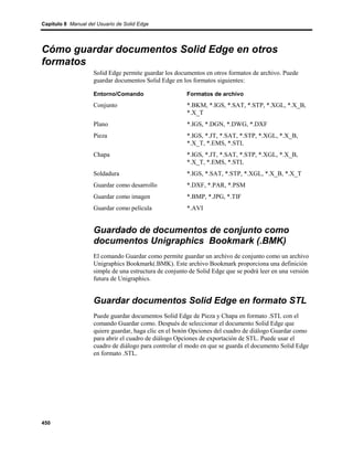 Capítulo 8 Manual del Usuario de Solid Edge




Cómo guardar documentos Solid Edge en otros
formatos
                    Solid Edge permite guardar los documentos en otros formatos de archivo. Puede
                    guardar documentos Solid Edge en los formatos siguientes:

                    Entorno/Comando                     Formatos de archivo
                    Conjunto                            *.BKM, *.IGS, *.SAT, *.STP, *.XGL, *.X_B,
                                                        *.X_T
                    Plano                               *.IGS, *.DGN, *.DWG, *.DXF
                    Pieza                               *.IGS, *.JT, *.SAT, *.STP, *.XGL, *.X_B,
                                                        *.X_T, *.EMS, *.STL
                    Chapa                               *.IGS, *.JT, *.SAT, *.STP, *.XGL, *.X_B,
                                                        *.X_T, *.EMS, *.STL
                    Soldadura                          *.IGS, *.SAT, *.STP, *.XGL, *.X_B, *.X_T
                    Guardar como desarrollo            *.DXF, *.PAR, *.PSM
                    Guardar como imagen                 *.BMP, *.JPG, *.TIF
                    Guardar como película               *.AVI


                    Guardado de documentos de conjunto como
                    documentos Unigraphics Bookmark (.BMK)
                    El comando Guardar como permite guardar un archivo de conjunto como un archivo
                    Unigraphics Bookmark(.BMK). Este archivo Bookmark proporciona una definición
                    simple de una estructura de conjunto de Solid Edge que se podrá leer en una versión
                    futura de Unigraphics.


                    Guardar documentos Solid Edge en formato STL
                    Puede guardar documentos Solid Edge de Pieza y Chapa en formato .STL con el
                    comando Guardar como. Después de seleccionar el documento Solid Edge que
                    quiere guardar, haga clic en el botón Opciones del cuadro de diálogo Guardar como
                    para abrir el cuadro de diálogo Opciones de exportación de STL. Puede usar el
                    cuadro de diálogo para controlar el modo en que se guarda el documento Solid Edge
                    en formato .STL.




450
 
