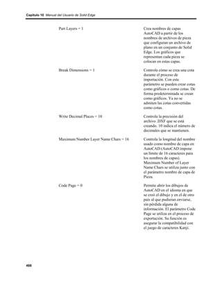 Capítulo 10 Manual del Usuario de Solid Edge



                    Part Layers = 1                        Crea nombres de capas
                                                           AutoCAD a partir de los
                                                           nombres de archivos de pieza
                                                           que configuran un archivo de
                                                           plano en un conjunto de Solid
                                                           Edge. Los gráficos que
                                                           representan cada pieza se
                                                           colocan en estas capas.

                    Break Dimensions = 1                   Controla cómo se crea una cota
                                                           durante el proceso de
                                                           importación. Con este
                                                           parámetro se pueden crear cotas
                                                           como gráficos o como cotas. De
                                                           forma predeterminada se crean
                                                           como gráficos. Ya no se
                                                           admiten las cotas convertidas
                                                           como cotas.

                    Write Decimal Places = 10              Controla la precisión del
                                                           archivo .DXF que se está
                                                           creando. 10 indica el número de
                                                           decimales que se mantienen.

                    Maximum Number Layer Name Chars = 16   Controla la longitud del nombre
                                                           usado como nombre de capa en
                                                           AutoCAD (AutoCAD impone
                                                           un límite de 16 caracteres para
                                                           los nombres de capas).
                                                           Maximum Number of Layer
                                                           Name Chars se utiliza junto con
                                                           el parámetro nombre de capa de
                                                           Pieza.

                    Code Page = 0                          Permite abrir los dibujos de
                                                           AutoCAD en el idioma en que
                                                           se creó el dibujo y en el de otro
                                                           país al que pudieran enviarse,
                                                           sin pérdida alguna de
                                                           información. El parámetro Code
                                                           Page se utiliza en el proceso de
                                                           exportación. Su función es
                                                           asegurar la compatibilidad con
                                                           el juego de caracteres Kanji.




488
 