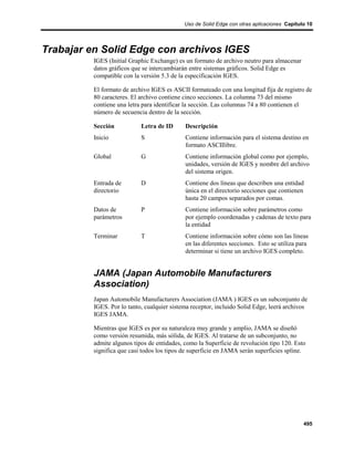 Uso de Solid Edge con otras aplicaciones Capítulo 10




Trabajar en Solid Edge con archivos IGES
          IGES (Initial Graphic Exchange) es un formato de archivo neutro para almacenar
          datos gráficos que se intercambiarán entre sistemas gráficos. Solid Edge es
          compatible con la versión 5.3 de la especificación IGES.

          El formato de archivo IGES es ASCII formateado con una longitud fija de registro de
          80 caracteres. El archivo contiene cinco secciones. La columna 73 del mismo
          contiene una letra para identificar la sección. Las columnas 74 a 80 contienen el
          número de secuencia dentro de la sección.

          Sección           Letra de ID      Descripción
          Inicio            S                Contiene información para el sistema destino en
                                             formato ASCIIlibre.
          Global            G                Contiene información global como por ejemplo,
                                             unidades, versión de IGES y nombre del archivo
                                             del sistema origen.
          Entrada de        D                Contiene dos líneas que describen una entidad
          directorio                         única en el directorio secciones que contienen
                                             hasta 20 campos separados por comas.
          Datos de          P                Contiene información sobre parámetros como
          parámetros                         por ejemplo coordenadas y cadenas de texto para
                                             la entidad
          Terminar          T                Contiene información sobre cómo son las líneas
                                             en las diferentes secciones. Esto se utiliza para
                                             determinar si tiene un archivo IGES completo.


          JAMA (Japan Automobile Manufacturers
          Association)
          Japan Automobile Manufacturers Association (JAMA ) IGES es un subconjunto de
          IGES. Por lo tanto, cualquier sistema receptor, incluido Solid Edge, leerá archivos
          IGES JAMA.

          Mientras que IGES es por su naturaleza muy grande y amplio, JAMA se diseñó
          como versión resumida, más sólida, de IGES. Al tratarse de un subconjunto, no
          admite algunos tipos de entidades, como la Superficie de revolución tipo 120. Esto
          significa que casi todos los tipos de superficie en JAMA serán superficies spline.




                                                                                             495
 