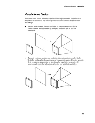 Modelado de piezas Capítulo 2




Condiciones finales
Las condiciones finales definen el tipo de control impuesto en los extremos de la
trayectoria de desarrollo. Hay varias opciones de condición final disponibles en
Solid Edge.

•   Natural: no se impone ninguna condición en los puntos extremos. Es la
    condición final predeterminada, y sirve para cualquier tipo de sección
    transversal.




•   Tangente continua: admiten esta condición las secciones transversales finales
    definidas mediante bordes de piezas y curvas de construcción. El vector tangente
    de la trayectoria se determina en función de las superficies adyacentes. El
    usuario puede controlar la longitud del vector con la tabla de variables.




                                                                                    51
 