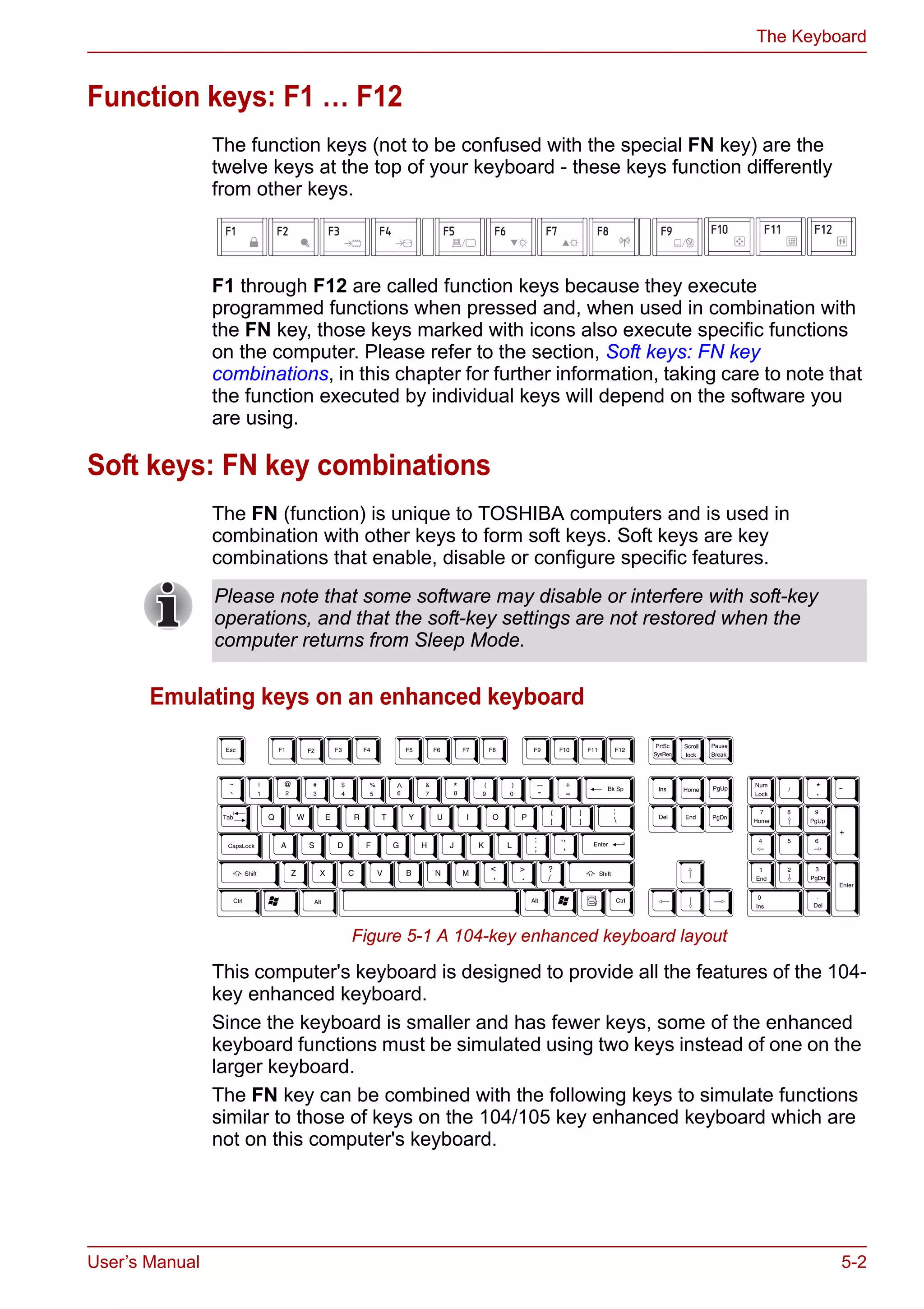 User’s Manual 5-2
The Keyboard
Function keys: F1 … F12
The function keys (not to be confused with the special FN key) are the
twelve keys at the top of your keyboard - these keys function differently
from other keys.
F1 through F12 are called function keys because they execute
programmed functions when pressed and, when used in combination with
the FN key, those keys marked with icons also execute specific functions
on the computer. Please refer to the section, Soft keys: FN key
combinations, in this chapter for further information, taking care to note that
the function executed by individual keys will depend on the software you
are using.
Soft keys: FN key combinations
The FN (function) is unique to TOSHIBA computers and is used in
combination with other keys to form soft keys. Soft keys are key
combinations that enable, disable or configure specific features.
Emulating keys on an enhanced keyboard
Figure 5-1 A 104-key enhanced keyboard layout
This computer's keyboard is designed to provide all the features of the 104-
key enhanced keyboard.
Since the keyboard is smaller and has fewer keys, some of the enhanced
keyboard functions must be simulated using two keys instead of one on the
larger keyboard.
The FN key can be combined with the following keys to simulate functions
similar to those of keys on the 104/105 key enhanced keyboard which are
not on this computer's keyboard.
Please note that some software may disable or interfere with soft-key
operations, and that the soft-key settings are not restored when the
computer returns from Sleep Mode.
 