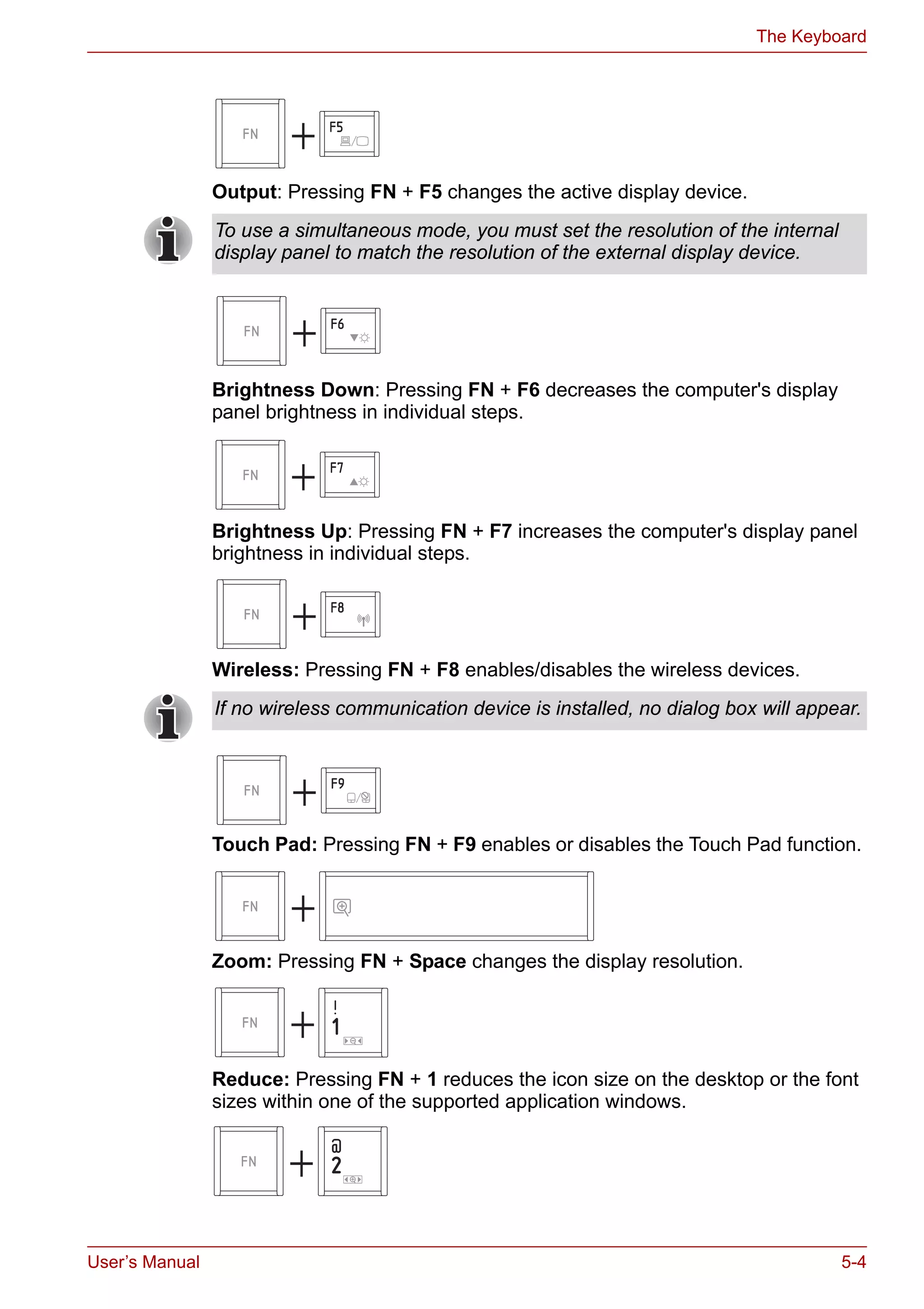User’s Manual 5-4
The Keyboard
Output: Pressing FN + F5 changes the active display device.
Brightness Down: Pressing FN + F6 decreases the computer's display
panel brightness in individual steps.
Brightness Up: Pressing FN + F7 increases the computer's display panel
brightness in individual steps.
Wireless: Pressing FN + F8 enables/disables the wireless devices.
Touch Pad: Pressing FN + F9 enables or disables the Touch Pad function.
Zoom: Pressing FN + Space changes the display resolution.
Reduce: Pressing FN + 1 reduces the icon size on the desktop or the font
sizes within one of the supported application windows.
To use a simultaneous mode, you must set the resolution of the internal
display panel to match the resolution of the external display device.
If no wireless communication device is installed, no dialog box will appear.
 