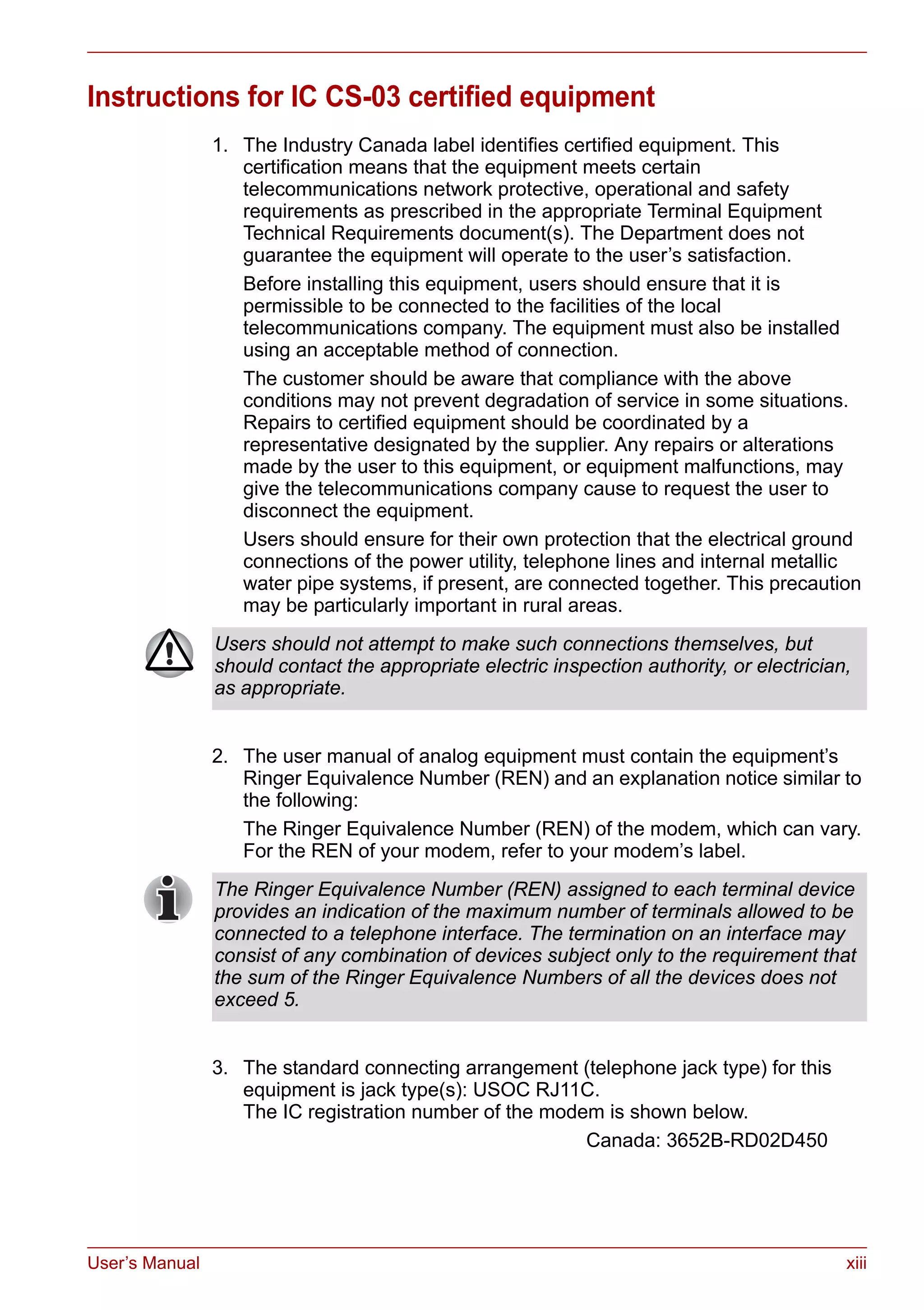 User’s Manual xiii
Instructions for IC CS-03 certified equipment
1. The Industry Canada label identifies certified equipment. This
certification means that the equipment meets certain
telecommunications network protective, operational and safety
requirements as prescribed in the appropriate Terminal Equipment
Technical Requirements document(s). The Department does not
guarantee the equipment will operate to the user’s satisfaction.
Before installing this equipment, users should ensure that it is
permissible to be connected to the facilities of the local
telecommunications company. The equipment must also be installed
using an acceptable method of connection.
The customer should be aware that compliance with the above
conditions may not prevent degradation of service in some situations.
Repairs to certified equipment should be coordinated by a
representative designated by the supplier. Any repairs or alterations
made by the user to this equipment, or equipment malfunctions, may
give the telecommunications company cause to request the user to
disconnect the equipment.
Users should ensure for their own protection that the electrical ground
connections of the power utility, telephone lines and internal metallic
water pipe systems, if present, are connected together. This precaution
may be particularly important in rural areas.
2. The user manual of analog equipment must contain the equipment’s
Ringer Equivalence Number (REN) and an explanation notice similar to
the following:
The Ringer Equivalence Number (REN) of the modem, which can vary.
For the REN of your modem, refer to your modem’s label.
3. The standard connecting arrangement (telephone jack type) for this
equipment is jack type(s): USOC RJ11C.
The IC registration number of the modem is shown below.
Canada: 3652B-RD02D450
Users should not attempt to make such connections themselves, but
should contact the appropriate electric inspection authority, or electrician,
as appropriate.
The Ringer Equivalence Number (REN) assigned to each terminal device
provides an indication of the maximum number of terminals allowed to be
connected to a telephone interface. The termination on an interface may
consist of any combination of devices subject only to the requirement that
the sum of the Ringer Equivalence Numbers of all the devices does not
exceed 5.
 