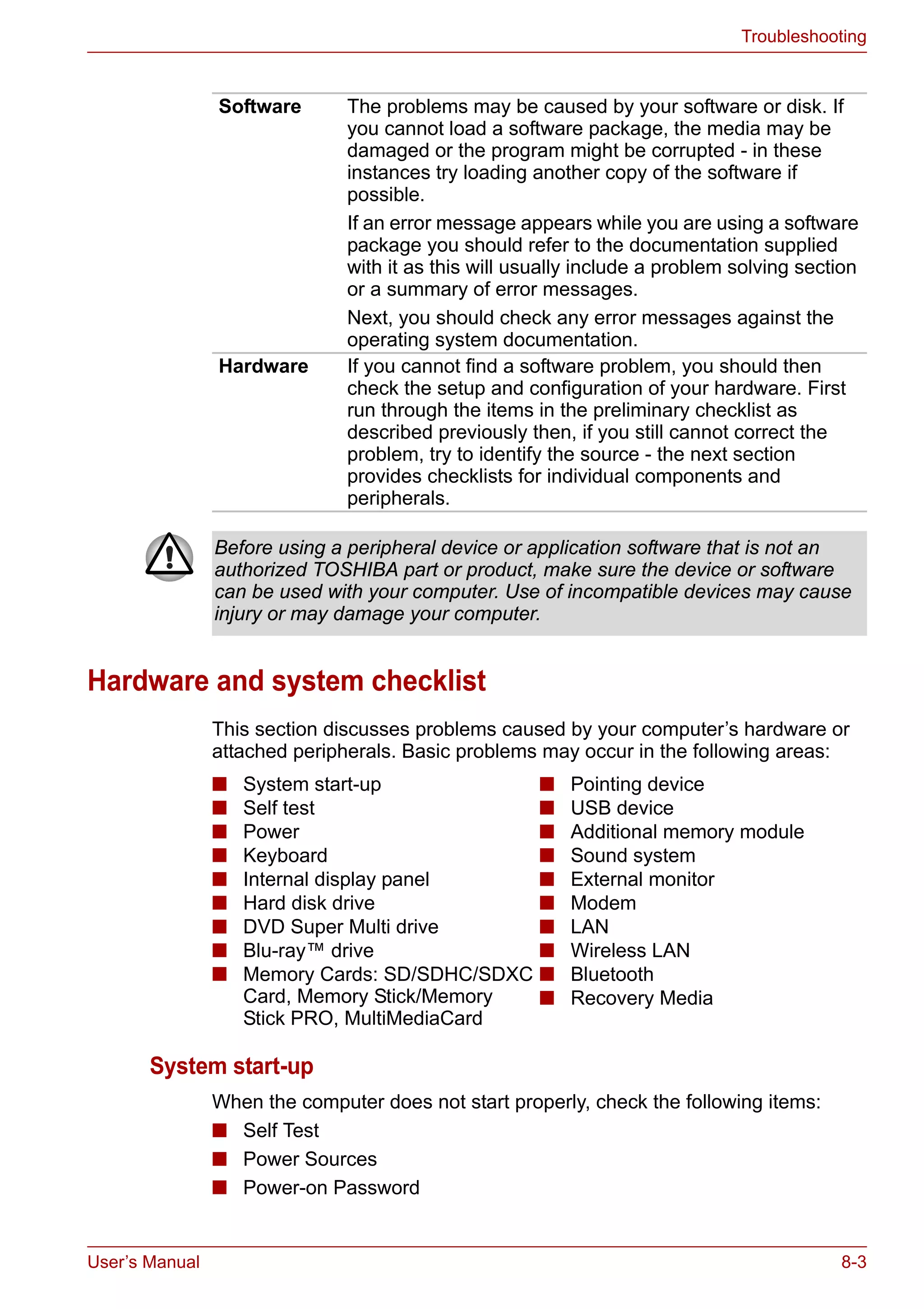 User’s Manual 8-3
Troubleshooting
Hardware and system checklist
This section discusses problems caused by your computer’s hardware or
attached peripherals. Basic problems may occur in the following areas:
System start-up
When the computer does not start properly, check the following items:
■ Self Test
■ Power Sources
■ Power-on Password
Software The problems may be caused by your software or disk. If
you cannot load a software package, the media may be
damaged or the program might be corrupted - in these
instances try loading another copy of the software if
possible.
If an error message appears while you are using a software
package you should refer to the documentation supplied
with it as this will usually include a problem solving section
or a summary of error messages.
Next, you should check any error messages against the
operating system documentation.
Hardware If you cannot find a software problem, you should then
check the setup and configuration of your hardware. First
run through the items in the preliminary checklist as
described previously then, if you still cannot correct the
problem, try to identify the source - the next section
provides checklists for individual components and
peripherals.
Before using a peripheral device or application software that is not an
authorized TOSHIBA part or product, make sure the device or software
can be used with your computer. Use of incompatible devices may cause
injury or may damage your computer.
■ System start-up
■ Self test
■ Power
■ Keyboard
■ Internal display panel
■ Hard disk drive
■ DVD Super Multi drive
■ Blu-ray™ drive
■ Memory Cards: SD/SDHC/SDXC
Card, Memory Stick/Memory
Stick PRO, MultiMediaCard
■ Pointing device
■ USB device
■ Additional memory module
■ Sound system
■ External monitor
■ Modem
■ LAN
■ Wireless LAN
■ Bluetooth
■ Recovery Media
 