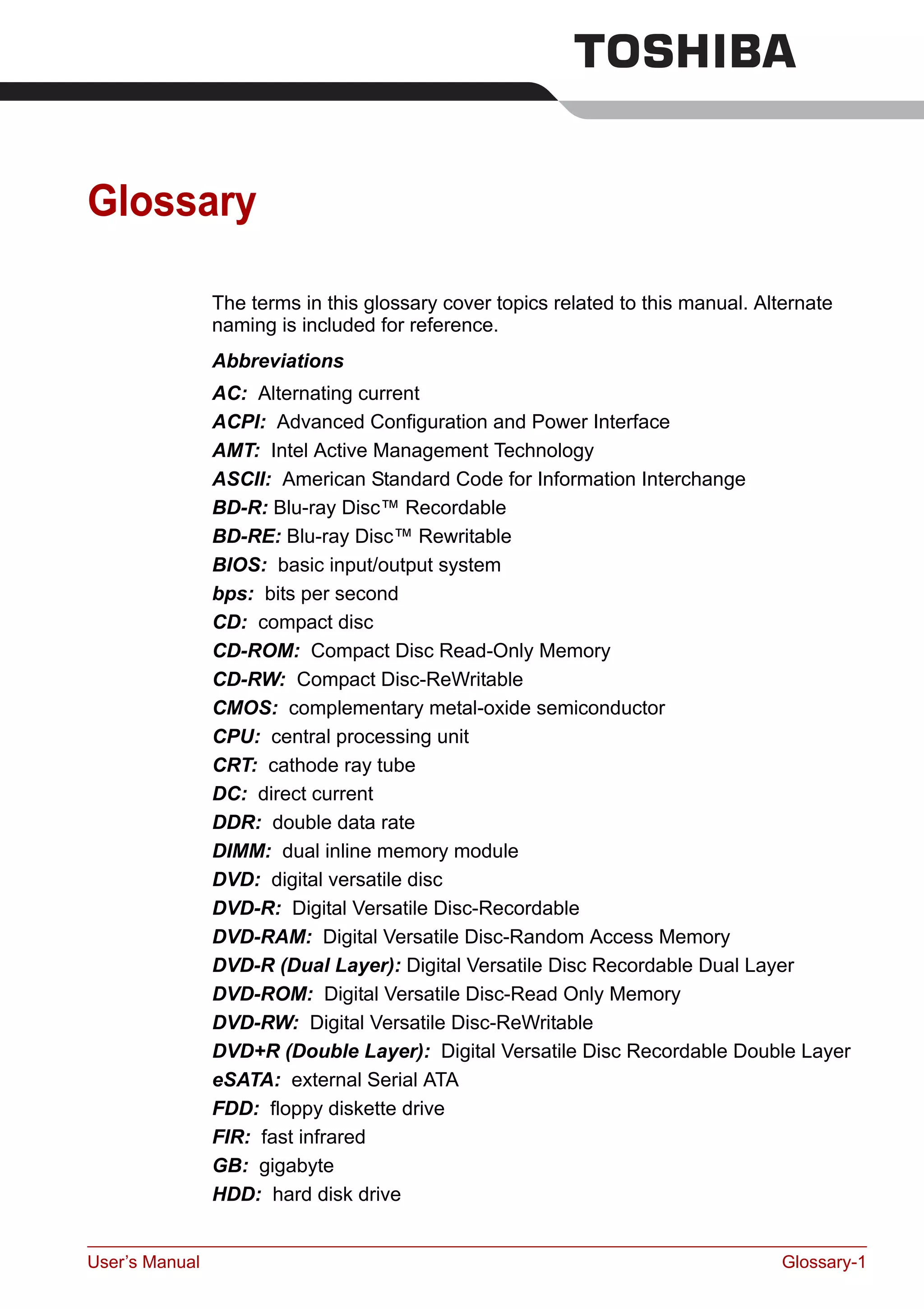 User’s Manual Glossary-1
Glossary
The terms in this glossary cover topics related to this manual. Alternate
naming is included for reference.
Abbreviations
AC: Alternating current
ACPI: Advanced Configuration and Power Interface
AMT: Intel Active Management Technology
ASCII: American Standard Code for Information Interchange
BD-R: Blu-ray Disc™ Recordable
BD-RE: Blu-ray Disc™ Rewritable
BIOS: basic input/output system
bps: bits per second
CD: compact disc
CD-ROM: Compact Disc Read-Only Memory
CD-RW: Compact Disc-ReWritable
CMOS: complementary metal-oxide semiconductor
CPU: central processing unit
CRT: cathode ray tube
DC: direct current
DDR: double data rate
DIMM: dual inline memory module
DVD: digital versatile disc
DVD-R: Digital Versatile Disc-Recordable
DVD-RAM: Digital Versatile Disc-Random Access Memory
DVD-R (Dual Layer): Digital Versatile Disc Recordable Dual Layer
DVD-ROM: Digital Versatile Disc-Read Only Memory
DVD-RW: Digital Versatile Disc-ReWritable
DVD+R (Double Layer): Digital Versatile Disc Recordable Double Layer
eSATA: external Serial ATA
FDD: floppy diskette drive
FIR: fast infrared
GB: gigabyte
HDD: hard disk drive
 