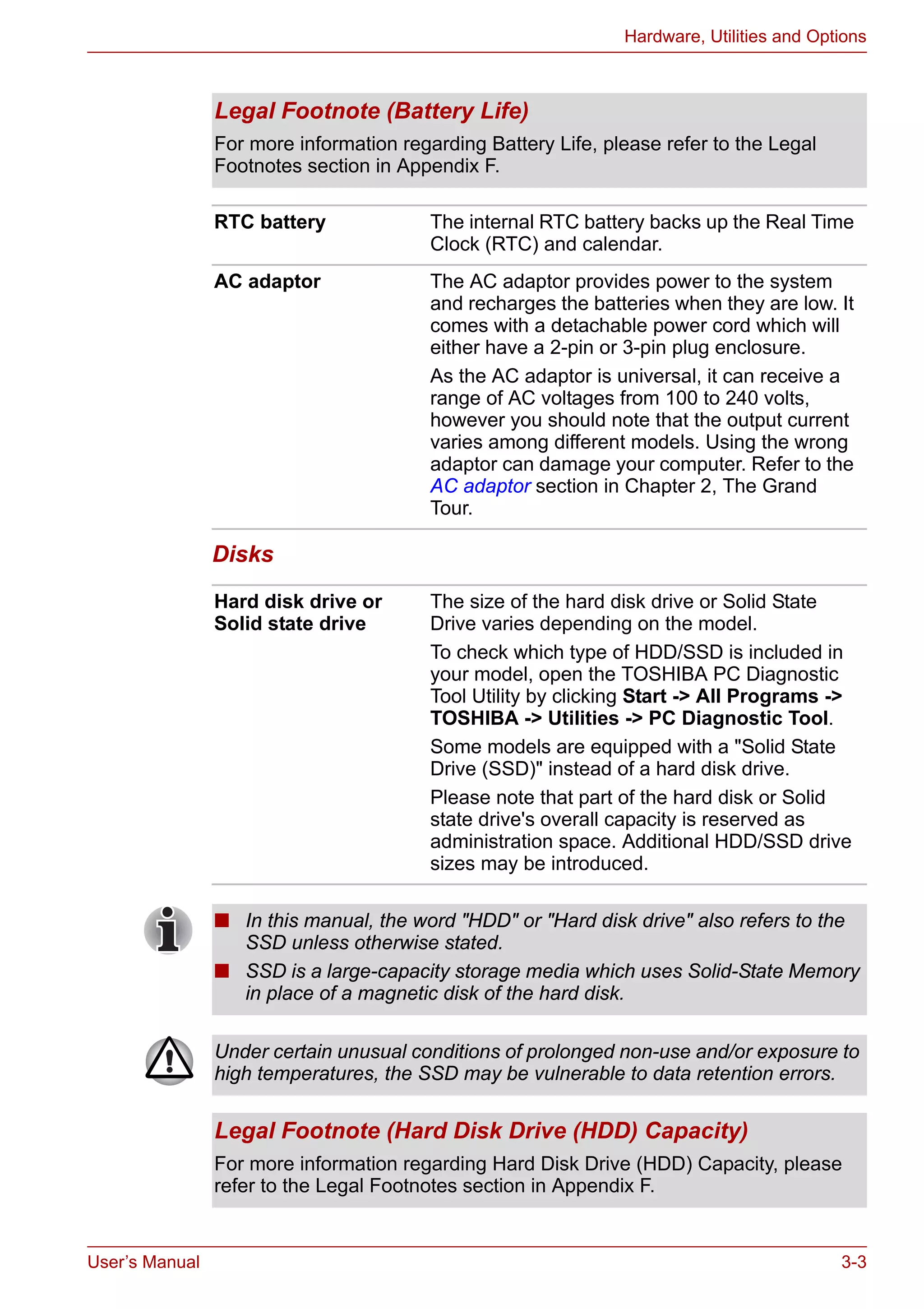 User’s Manual 3-3
Hardware, Utilities and Options
Disks
Legal Footnote (Battery Life)
For more information regarding Battery Life, please refer to the Legal
Footnotes section in Appendix F.
RTC battery The internal RTC battery backs up the Real Time
Clock (RTC) and calendar.
AC adaptor The AC adaptor provides power to the system
and recharges the batteries when they are low. It
comes with a detachable power cord which will
either have a 2-pin or 3-pin plug enclosure.
As the AC adaptor is universal, it can receive a
range of AC voltages from 100 to 240 volts,
however you should note that the output current
varies among different models. Using the wrong
adaptor can damage your computer. Refer to the
AC adaptor section in Chapter 2, The Grand
Tour.
Hard disk drive or
Solid state drive
The size of the hard disk drive or Solid State
Drive varies depending on the model.
To check which type of HDD/SSD is included in
your model, open the TOSHIBA PC Diagnostic
Tool Utility by clicking Start -> All Programs ->
TOSHIBA -> Utilities -> PC Diagnostic Tool.
Some models are equipped with a "Solid State
Drive (SSD)" instead of a hard disk drive.
Please note that part of the hard disk or Solid
state drive's overall capacity is reserved as
administration space. Additional HDD/SSD drive
sizes may be introduced.
■ In this manual, the word "HDD" or "Hard disk drive" also refers to the
SSD unless otherwise stated.
■ SSD is a large-capacity storage media which uses Solid-State Memory
in place of a magnetic disk of the hard disk.
Under certain unusual conditions of prolonged non-use and/or exposure to
high temperatures, the SSD may be vulnerable to data retention errors.
Legal Footnote (Hard Disk Drive (HDD) Capacity)
For more information regarding Hard Disk Drive (HDD) Capacity, please
refer to the Legal Footnotes section in Appendix F.
 