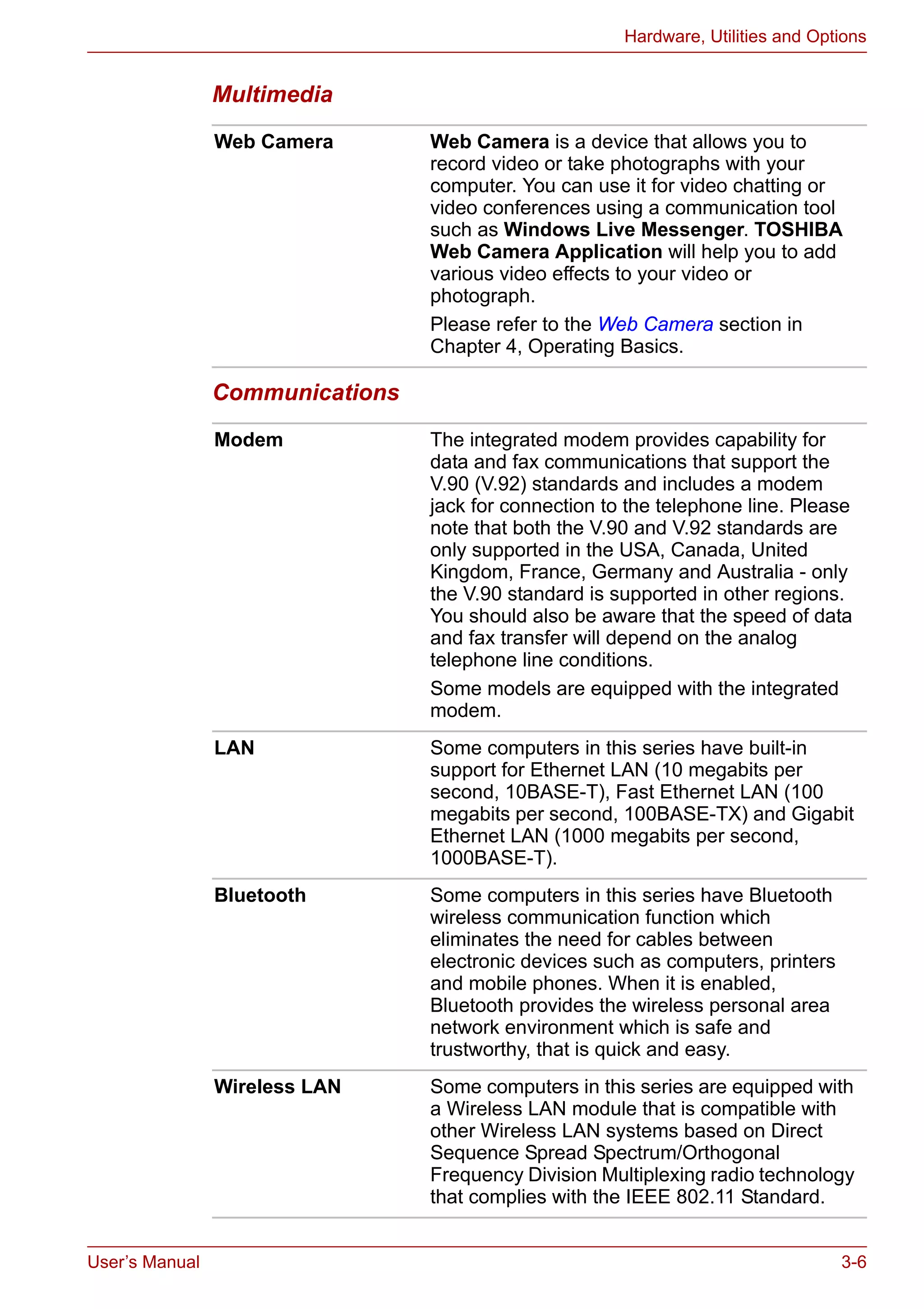 User’s Manual 3-6
Hardware, Utilities and Options
Multimedia
Communications
Web Camera Web Camera is a device that allows you to
record video or take photographs with your
computer. You can use it for video chatting or
video conferences using a communication tool
such as Windows Live Messenger. TOSHIBA
Web Camera Application will help you to add
various video effects to your video or
photograph.
Please refer to the Web Camera section in
Chapter 4, Operating Basics.
Modem The integrated modem provides capability for
data and fax communications that support the
V.90 (V.92) standards and includes a modem
jack for connection to the telephone line. Please
note that both the V.90 and V.92 standards are
only supported in the USA, Canada, United
Kingdom, France, Germany and Australia - only
the V.90 standard is supported in other regions.
You should also be aware that the speed of data
and fax transfer will depend on the analog
telephone line conditions.
Some models are equipped with the integrated
modem.
LAN Some computers in this series have built-in
support for Ethernet LAN (10 megabits per
second, 10BASE-T), Fast Ethernet LAN (100
megabits per second, 100BASE-TX) and Gigabit
Ethernet LAN (1000 megabits per second,
1000BASE-T).
Bluetooth Some computers in this series have Bluetooth
wireless communication function which
eliminates the need for cables between
electronic devices such as computers, printers
and mobile phones. When it is enabled,
Bluetooth provides the wireless personal area
network environment which is safe and
trustworthy, that is quick and easy.
Wireless LAN Some computers in this series are equipped with
a Wireless LAN module that is compatible with
other Wireless LAN systems based on Direct
Sequence Spread Spectrum/Orthogonal
Frequency Division Multiplexing radio technology
that complies with the IEEE 802.11 Standard.
 