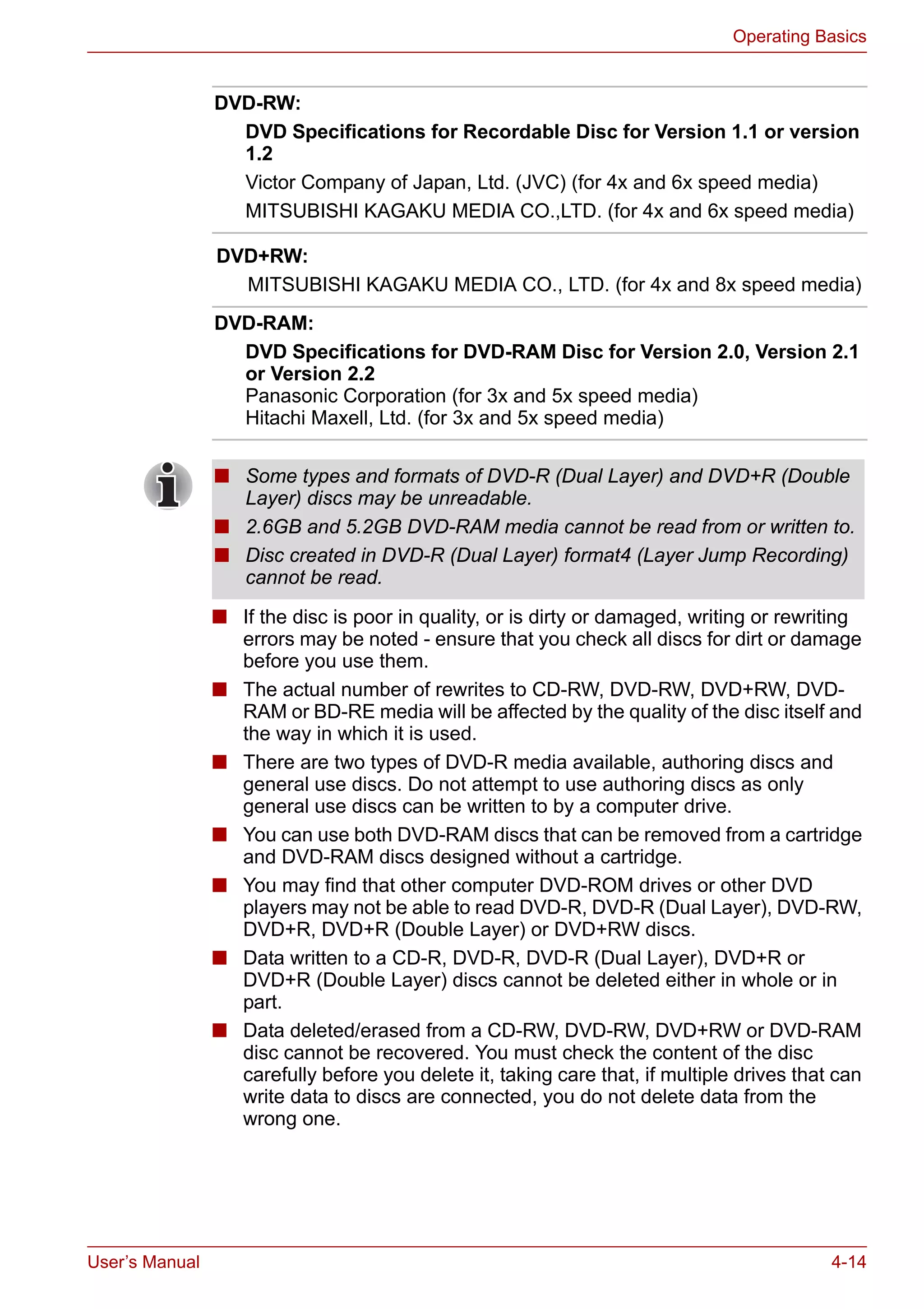 User’s Manual 4-14
Operating Basics
■ If the disc is poor in quality, or is dirty or damaged, writing or rewriting
errors may be noted - ensure that you check all discs for dirt or damage
before you use them.
■ The actual number of rewrites to CD-RW, DVD-RW, DVD+RW, DVD-
RAM or BD-RE media will be affected by the quality of the disc itself and
the way in which it is used.
■ There are two types of DVD-R media available, authoring discs and
general use discs. Do not attempt to use authoring discs as only
general use discs can be written to by a computer drive.
■ You can use both DVD-RAM discs that can be removed from a cartridge
and DVD-RAM discs designed without a cartridge.
■ You may find that other computer DVD-ROM drives or other DVD
players may not be able to read DVD-R, DVD-R (Dual Layer), DVD-RW,
DVD+R, DVD+R (Double Layer) or DVD+RW discs.
■ Data written to a CD-R, DVD-R, DVD-R (Dual Layer), DVD+R or
DVD+R (Double Layer) discs cannot be deleted either in whole or in
part.
■ Data deleted/erased from a CD-RW, DVD-RW, DVD+RW or DVD-RAM
disc cannot be recovered. You must check the content of the disc
carefully before you delete it, taking care that, if multiple drives that can
write data to discs are connected, you do not delete data from the
wrong one.
DVD-RW:
DVD Specifications for Recordable Disc for Version 1.1 or version
1.2
Victor Company of Japan, Ltd. (JVC) (for 4x and 6x speed media)
MITSUBISHI KAGAKU MEDIA CO.,LTD. (for 4x and 6x speed media)
DVD+RW:
MITSUBISHI KAGAKU MEDIA CO., LTD. (for 4x and 8x speed media)
DVD-RAM:
DVD Specifications for DVD-RAM Disc for Version 2.0, Version 2.1
or Version 2.2
Panasonic Corporation (for 3x and 5x speed media)
Hitachi Maxell, Ltd. (for 3x and 5x speed media)
■ Some types and formats of DVD-R (Dual Layer) and DVD+R (Double
Layer) discs may be unreadable.
■ 2.6GB and 5.2GB DVD-RAM media cannot be read from or written to.
■ Disc created in DVD-R (Dual Layer) format4 (Layer Jump Recording)
cannot be read.
 