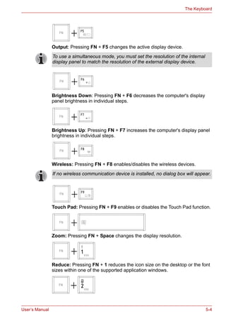 User’s Manual 5-4
The Keyboard
Output: Pressing FN + F5 changes the active display device.
Brightness Down: Pressing FN + F6 decreases the computer's display
panel brightness in individual steps.
Brightness Up: Pressing FN + F7 increases the computer's display panel
brightness in individual steps.
Wireless: Pressing FN + F8 enables/disables the wireless devices.
Touch Pad: Pressing FN + F9 enables or disables the Touch Pad function.
Zoom: Pressing FN + Space changes the display resolution.
Reduce: Pressing FN + 1 reduces the icon size on the desktop or the font
sizes within one of the supported application windows.
To use a simultaneous mode, you must set the resolution of the internal
display panel to match the resolution of the external display device.
If no wireless communication device is installed, no dialog box will appear.
 