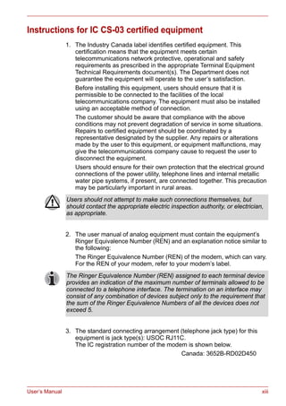 User’s Manual xiii
Instructions for IC CS-03 certified equipment
1. The Industry Canada label identifies certified equipment. This
certification means that the equipment meets certain
telecommunications network protective, operational and safety
requirements as prescribed in the appropriate Terminal Equipment
Technical Requirements document(s). The Department does not
guarantee the equipment will operate to the user’s satisfaction.
Before installing this equipment, users should ensure that it is
permissible to be connected to the facilities of the local
telecommunications company. The equipment must also be installed
using an acceptable method of connection.
The customer should be aware that compliance with the above
conditions may not prevent degradation of service in some situations.
Repairs to certified equipment should be coordinated by a
representative designated by the supplier. Any repairs or alterations
made by the user to this equipment, or equipment malfunctions, may
give the telecommunications company cause to request the user to
disconnect the equipment.
Users should ensure for their own protection that the electrical ground
connections of the power utility, telephone lines and internal metallic
water pipe systems, if present, are connected together. This precaution
may be particularly important in rural areas.
2. The user manual of analog equipment must contain the equipment’s
Ringer Equivalence Number (REN) and an explanation notice similar to
the following:
The Ringer Equivalence Number (REN) of the modem, which can vary.
For the REN of your modem, refer to your modem’s label.
3. The standard connecting arrangement (telephone jack type) for this
equipment is jack type(s): USOC RJ11C.
The IC registration number of the modem is shown below.
Canada: 3652B-RD02D450
Users should not attempt to make such connections themselves, but
should contact the appropriate electric inspection authority, or electrician,
as appropriate.
The Ringer Equivalence Number (REN) assigned to each terminal device
provides an indication of the maximum number of terminals allowed to be
connected to a telephone interface. The termination on an interface may
consist of any combination of devices subject only to the requirement that
the sum of the Ringer Equivalence Numbers of all the devices does not
exceed 5.
 