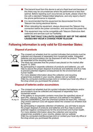 User’s Manual xvi
■ The transmit level from this device is set at a fixed level and because of
this there may be circumstances where the performance is less than
optimal. Before reporting such occurrences as faults, please check the
line with a standard Telepermitted telephone, and only report a fault if
the phone performance is impaired.
■ It is recommended that this equipment be disconnected from the
Telecom line during electrical storms.
■ When relocating the equipment, always disconnect the Telecom line
connection before the power connection, and reconnect the power first.
■ This equipment may not be compatible with Telecom Distinctive Alert
cadences and services such as FaxAbility.
NOTE THAT FAULT CALLOUTS CAUSED BY ANY OF THE ABOVE
CAUSES MAY INCUR A CHARGE FROM TELECOM
Following information is only valid for EU-member States:
Disposal of products
Disposal of batteries and/or accumulators
The crossed out wheeled dust bin symbol indicates that products must be
collected and disposed of separately from household waste. Integrated
batteries and accumulators can be disposed of with the product. They will
be separated at the recycling centres.
The black bar indicates that the product was placed on the market after
August 13, 2005.
By participating in separate collection of products and batteries, you will
help to assure the proper disposal of products and batteries and thus help
to prevent potential negative consequences for the environment and
human health.
For more detailed information about the collection and recycling
programmes available in your country, please visit our website
(http://eu.computers.toshiba-europe.com) or contact your local city office or
the shop where you purchased the product.
The crossed out wheeled dust bin symbol indicates that batteries and/or
accumulators must be collected and disposed of separately from
household waste.
If the battery or accumulator contains more than the specified values of
lead (Pb), mercury (Hg), and/or cadmium (Cd) defined in the Battery
Directive (2006/66/EC), then the chemical symbols for lead (Pb), mercury
(Hg) and/or cadmium (Cd) will appear below the crossed out wheeled dust
bin symbol.
By participating in separate collection of batteries, you will help to assure
the proper disposal of products and batteries and thus help to prevent
potential negative consequences for the environment and human health.
For more detailed information about the collection and recycling
programmes available in your country, please visit our website
(http://eu.computers.toshiba-europe.com) or contact your local city office or
the shop where you purchased the product.
 