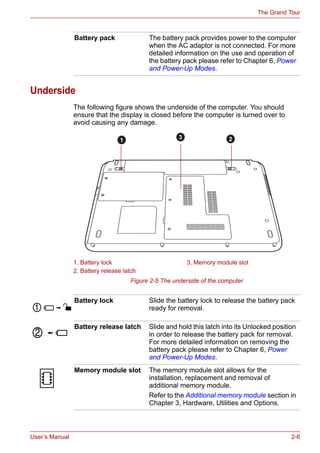 User’s Manual 2-6
The Grand Tour
Underside
The following figure shows the underside of the computer. You should
ensure that the display is closed before the computer is turned over to
avoid causing any damage.
Figure 2-5 The underside of the computer
Battery pack The battery pack provides power to the computer
when the AC adaptor is not connected. For more
detailed information on the use and operation of
the battery pack please refer to Chapter 6, Power
and Power-Up Modes.
1. Battery lock 3. Memory module slot
2. Battery release latch
1 23
Battery lock Slide the battery lock to release the battery pack
ready for removal.
Battery release latch Slide and hold this latch into its Unlocked position
in order to release the battery pack for removal.
For more detailed information on removing the
battery pack please refer to Chapter 6, Power
and Power-Up Modes.
Memory module slot The memory module slot allows for the
installation, replacement and removal of
additional memory module.
Refer to the Additional memory module section in
Chapter 3, Hardware, Utilities and Options.
 
