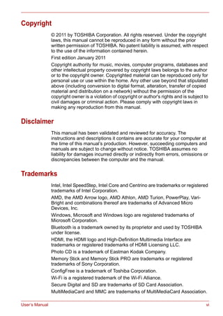 User’s Manual vi
Copyright
© 2011 by TOSHIBA Corporation. All rights reserved. Under the copyright
laws, this manual cannot be reproduced in any form without the prior
written permission of TOSHIBA. No patent liability is assumed, with respect
to the use of the information contained herein.
First edition January 2011
Copyright authority for music, movies, computer programs, databases and
other intellectual property covered by copyright laws belongs to the author
or to the copyright owner. Copyrighted material can be reproduced only for
personal use or use within the home. Any other use beyond that stipulated
above (including conversion to digital format, alteration, transfer of copied
material and distribution on a network) without the permission of the
copyright owner is a violation of copyright or author's rights and is subject to
civil damages or criminal action. Please comply with copyright laws in
making any reproduction from this manual.
Disclaimer
This manual has been validated and reviewed for accuracy. The
instructions and descriptions it contains are accurate for your computer at
the time of this manual’s production. However, succeeding computers and
manuals are subject to change without notice. TOSHIBA assumes no
liability for damages incurred directly or indirectly from errors, omissions or
discrepancies between the computer and the manual.
Trademarks
Intel, Intel SpeedStep, Intel Core and Centrino are trademarks or registered
trademarks of Intel Corporation.
AMD, the AMD Arrow logo, AMD Athlon, AMD Turion, PowerPlay, Vari-
Bright and combinations thereof are trademarks of Advanced Micro
Devices, Inc.
Windows, Microsoft and Windows logo are registered trademarks of
Microsoft Corporation.
Bluetooth is a trademark owned by its proprietor and used by TOSHIBA
under license.
HDMI, the HDMI logo and High-Definition Multimedia Interface are
trademarks or registered trademarks of HDMI Licensing LLC.
Photo CD is a trademark of Eastman Kodak Company.
Memory Stick and Memory Stick PRO are trademarks or registered
trademarks of Sony Corporation.
ConfigFree is a trademark of Toshiba Corporation.
Wi-Fi is a registered trademark of the Wi-Fi Alliance.
Secure Digital and SD are trademarks of SD Card Association.
MultiMediaCard and MMC are trademarks of MultiMediaCard Association.
 