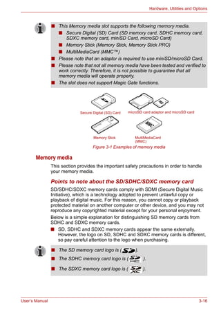 User’s Manual 3-16
Hardware, Utilities and Options
Figure 3-1 Examples of memory media
Memory media
This section provides the important safety precautions in order to handle
your memory media.
Points to note about the SD/SDHC/SDXC memory card
SD/SDHC/SDXC memory cards comply with SDMI (Secure Digital Music
Initiative), which is a technology adopted to prevent unlawful copy or
playback of digital music. For this reason, you cannot copy or playback
protected material on another computer or other device, and you may not
reproduce any copyrighted material except for your personal enjoyment.
Below is a simple explanation for distinguishing SD memory cards from
SDHC and SDXC memory cards.
■ SD, SDHC and SDXC memory cards appear the same externally.
However, the logo on SD, SDHC and SDXC memory cards is different,
so pay careful attention to the logo when purchasing.
■ This Memory media slot supports the following memory media.
■ Secure Digital (SD) Card (SD memory card, SDHC memory card,
SDXC memory card, miniSD Card, microSD Card)
■ Memory Stick (Memory Stick, Memory Stick PRO)
■ MultiMediaCard (MMC™)
■ Please note that an adaptor is required to use miniSD/microSD Card.
■ Please note that not all memory media have been tested and verified to
work correctly. Therefore, it is not possible to guarantee that all
memory media will operate properly.
■ The slot does not support Magic Gate functions.
Secure Digital (SD) Card
Memory Stick MultiMediaCard
(MMC)
microSD card adaptor and microSD card
■ The SD memory card logo is ( ).
■ The SDHC memory card logo is ( ).
■ The SDXC memory card logo is ( ).
 