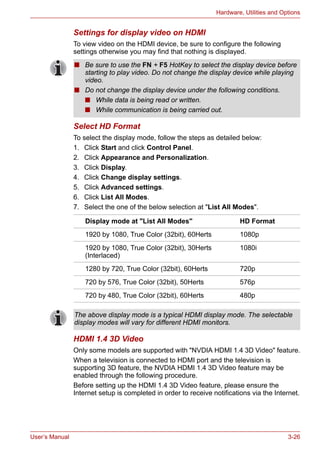 User’s Manual 3-26
Hardware, Utilities and Options
Settings for display video on HDMI
To view video on the HDMI device, be sure to configure the following
settings otherwise you may find that nothing is displayed.
Select HD Format
To select the display mode, follow the steps as detailed below:
1. Click Start and click Control Panel.
2. Click Appearance and Personalization.
3. Click Display.
4. Click Change display settings.
5. Click Advanced settings.
6. Click List All Modes.
7. Select the one of the below selection at "List All Modes".
HDMI 1.4 3D Video
Only some models are supported with "NVDIA HDMI 1.4 3D Video" feature.
When a television is connected to HDMI port and the television is
supporting 3D feature, the NVDIA HDMI 1.4 3D Video feature may be
enabled through the following procedure.
Before setting up the HDMI 1.4 3D Video feature, please ensure the
Internet setup is completed in order to receive notifications via the Internet.
■ Be sure to use the FN + F5 HotKey to select the display device before
starting to play video. Do not change the display device while playing
video.
■ Do not change the display device under the following conditions.
■ While data is being read or written.
■ While communication is being carried out.
Display mode at "List All Modes" HD Format
1920 by 1080, True Color (32bit), 60Herts 1080p
1920 by 1080, True Color (32bit), 30Herts
(Interlaced)
1080i
1280 by 720, True Color (32bit), 60Herts 720p
720 by 576, True Color (32bit), 50Herts 576p
720 by 480, True Color (32bit), 60Herts 480p
The above display mode is a typical HDMI display mode. The selectable
display modes will vary for different HDMI monitors.
 