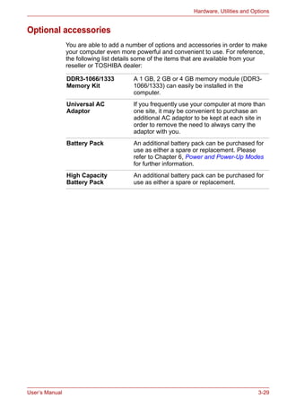 User’s Manual 3-29
Hardware, Utilities and Options
Optional accessories
You are able to add a number of options and accessories in order to make
your computer even more powerful and convenient to use. For reference,
the following list details some of the items that are available from your
reseller or TOSHIBA dealer:
DDR3-1066/1333
Memory Kit
A 1 GB, 2 GB or 4 GB memory module (DDR3-
1066/1333) can easily be installed in the
computer.
Universal AC
Adaptor
If you frequently use your computer at more than
one site, it may be convenient to purchase an
additional AC adaptor to be kept at each site in
order to remove the need to always carry the
adaptor with you.
Battery Pack An additional battery pack can be purchased for
use as either a spare or replacement. Please
refer to Chapter 6, Power and Power-Up Modes
for further information.
High Capacity
Battery Pack
An additional battery pack can be purchased for
use as either a spare or replacement.
 