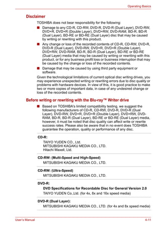 User’s Manual 4-11
Operating Basics
Disclaimer
TOSHIBA does not bear responsibility for the following:
■ Damage to any CD-R, CD-RW, DVD-R, DVD-R (Dual Layer), DVD-RW,
DVD+R, DVD+R (Double Layer), DVD+RW, DVD-RAM, BD-R, BD-R
(Dual Layer), BD-RE or BD-RE (Dual Layer) disc that may be caused
by writing or rewriting with this product.
■ Any change or loss of the recorded contents of CD-R, CD-RW, DVD-R,
DVD-R (Dual Layer), DVD-RW, DVD+R, DVD+R (Double Layer),
DVD+RW, DVD-RAM, BD-R, BD-R (Dual Layer), BD-RE or BD-RE
(Dual Layer) media that may be caused by writing or rewriting with this
product, or for any business profit loss or business interruption that may
be caused by the change or loss of the recorded contents.
■ Damage that may be caused by using third party equipment or
software.
Given the technological limitations of current optical disc writing drives, you
may experience unexpected writing or rewriting errors due to disc quality or
problems with hardware devices. In view of this, it is good practice to make
two or more copies of important data, in case of any undesired change or
loss of the recorded contents.
Before writing or rewriting with the Blu-ray™ Writer drive
■ Based on TOSHIBA's limited compatibility testing, we suggest the
following manufacturers of CD-R, CD-RW, DVD-R, DVD-R (Dual
Layer), DVD-RW, DVD+R, DVD+R (Double Layer), DVD+RW, DVD-
RAM, BD-R, BD-R (Dual Layer), BD-RE or BD-RE (Dual Layer) media,
however, it must be noted that disc quality can affect write or rewrite
success rates. Please also be aware that in no event does TOSHIBA
guarantee the operation, quality or performance of any disc.
CD-R:
TAIYO YUDEN CO., Ltd.
MITSUBISHI KAGAKU MEDIA CO., LTD.
Hitachi Maxell, Ltd.
CD-RW: (Multi-Speed and High-Speed)
MITSUBISHI KAGAKU MEDIA CO., LTD.
CD-RW: (Ultra-Speed)
MITSUBISHI KAGAKU MEDIA CO., LTD.
DVD-R:
DVD Specifications for Recordable Disc for General Version 2.0
TAIYO YUDEN Co.,Ltd. (for 4x, 8x and 16x speed media)
DVD-R (Dual Layer):
MITSUBISHI KAGAKU MEDIA CO., LTD. (for 4x and 8x speed media)
 